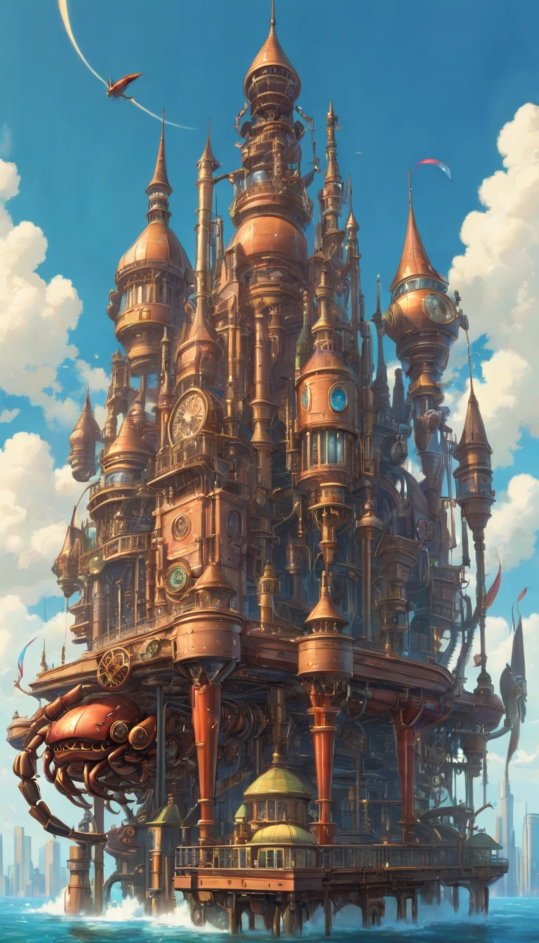 (Intricate steampunk biomechanical castle,Standing below the castle are mechanical legs resembling crab legs:1.45),trippy gorgeous surreal composition popart of a wonderous enchanting Victorian Atompunk Steampunk Candyland fantasy world on LSD, magnificent towering castle, steam train, hot air balloon, psychedelic colorful, Candyland, busy, detailed, psychedelic colors, by Mark Ryden and Ray Caesar