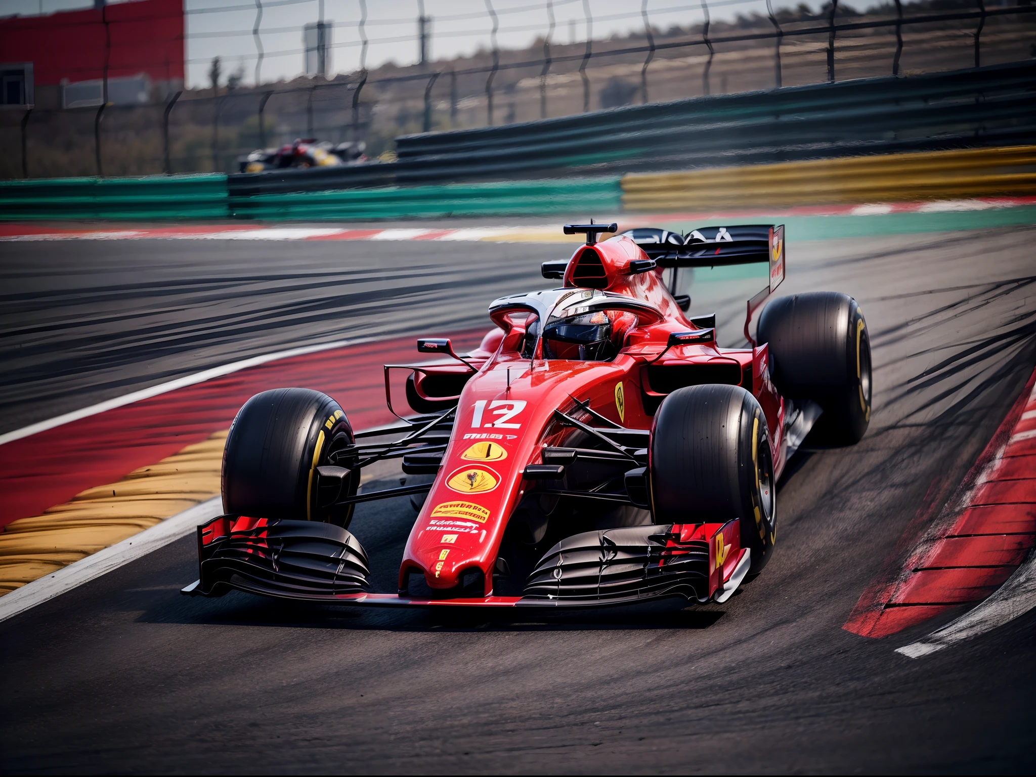 arafed image of a (ferrari formula one:1.4), (8k, RAW photo, best quality, masterpiece:1.2), (realistic, photo-realistic:1.37), (full body:1.3) (detailed), (highres), ultra realistic, hyperrealistic, high detail RAW color photo of (ferrari formula one:1.4), high angle shot front view ferrari formula one driving on a race track, stormy weather, (wet:1.2), (water dust:1.2), 8k uhd, high quality, motion blur, depth blur, cinematic, filmic image 4k, vibrant color, (reflections),(ferrari) race car,(race car:1.4),(endurance race car:1.4),at night, lights, High Detail, Sharp focus, (photorealism), realistic, best quality, 8k, award winning, dramatic lighting, epic, cinematic, masterpiece, rim light, ambient fog:1.3, dutch angle, depth of field,8k uhd, high quality, motion blur, depth blur, cinematic, filmic image 4k, vibrant color, (reflections),formula one,sponsors,livery, sponsored livery,lights turned on,motion blur,closeup,commercial photography