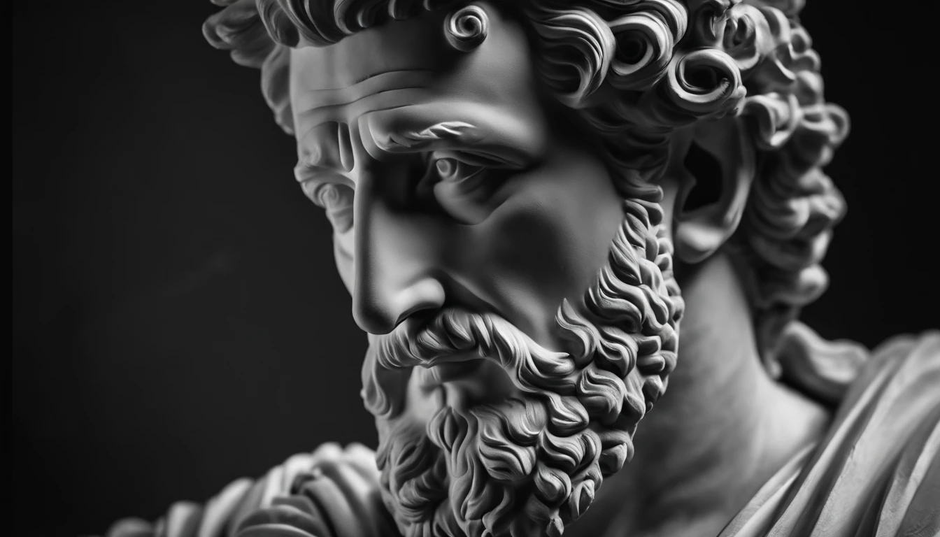 a portrait statue of the stoic Marcus Aurelius in black and white 4K,Face de lado, papel de parede super realista