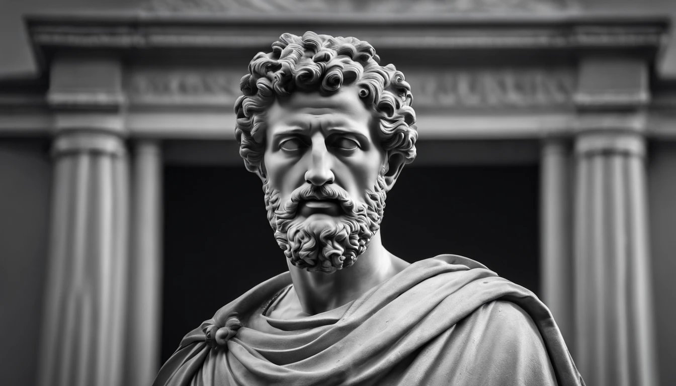 a portrait statue of the stoic Marcus Aurelius in black and white 4K,Face de lado, papel de parede super realista