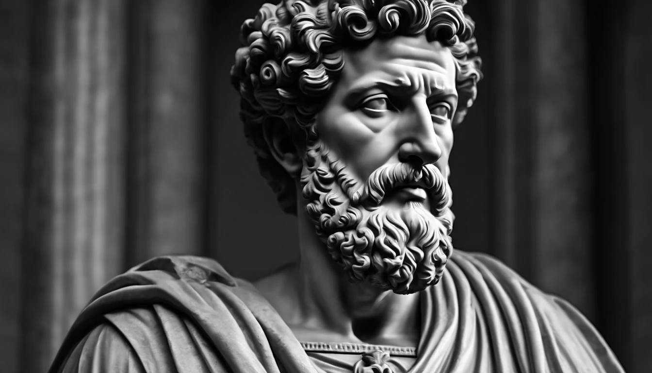 a portrait statue of the stoic Marcus Aurelius in black and white 4K,Face de lado, papel de parede super realista