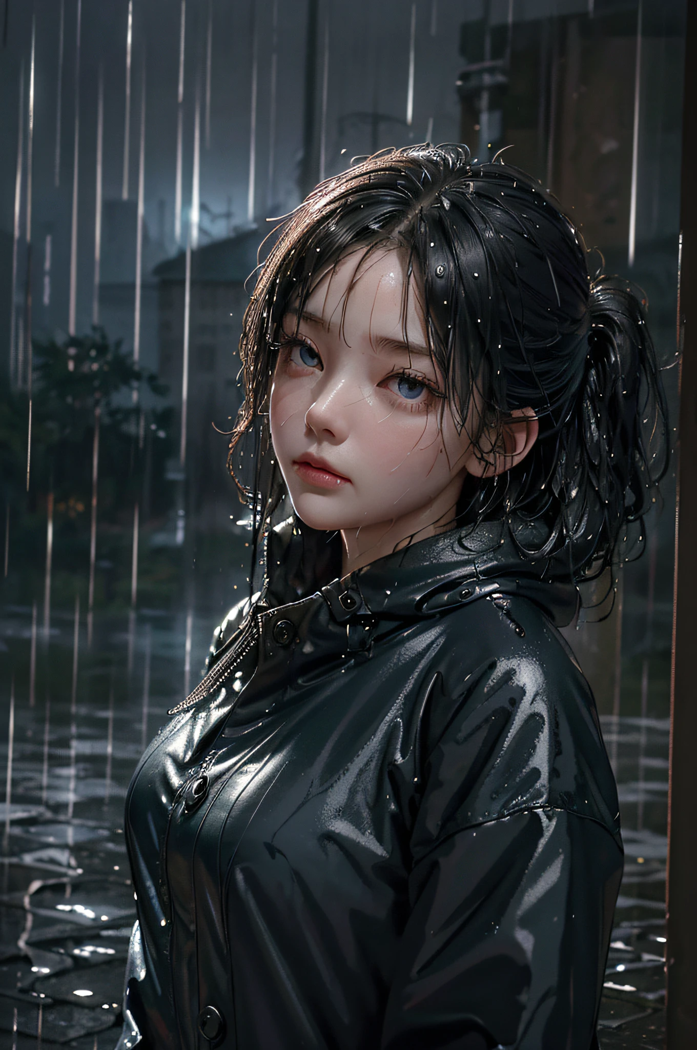 (Masterpiece:1.2, Best quality), (Real picture, Intricate details), (during night, Dark, heavy rain poured:1.4) There was no one in the alley, the surroundings were silent, Only raindrops splashed on the tiled eaves of low houses, Near and far;, making a slight rustling sound. In the cold rain, (1girll, Wet windproof jacket, Sad, Perfect eyes:1.2) are standing,Fold your arms over your chest,8K