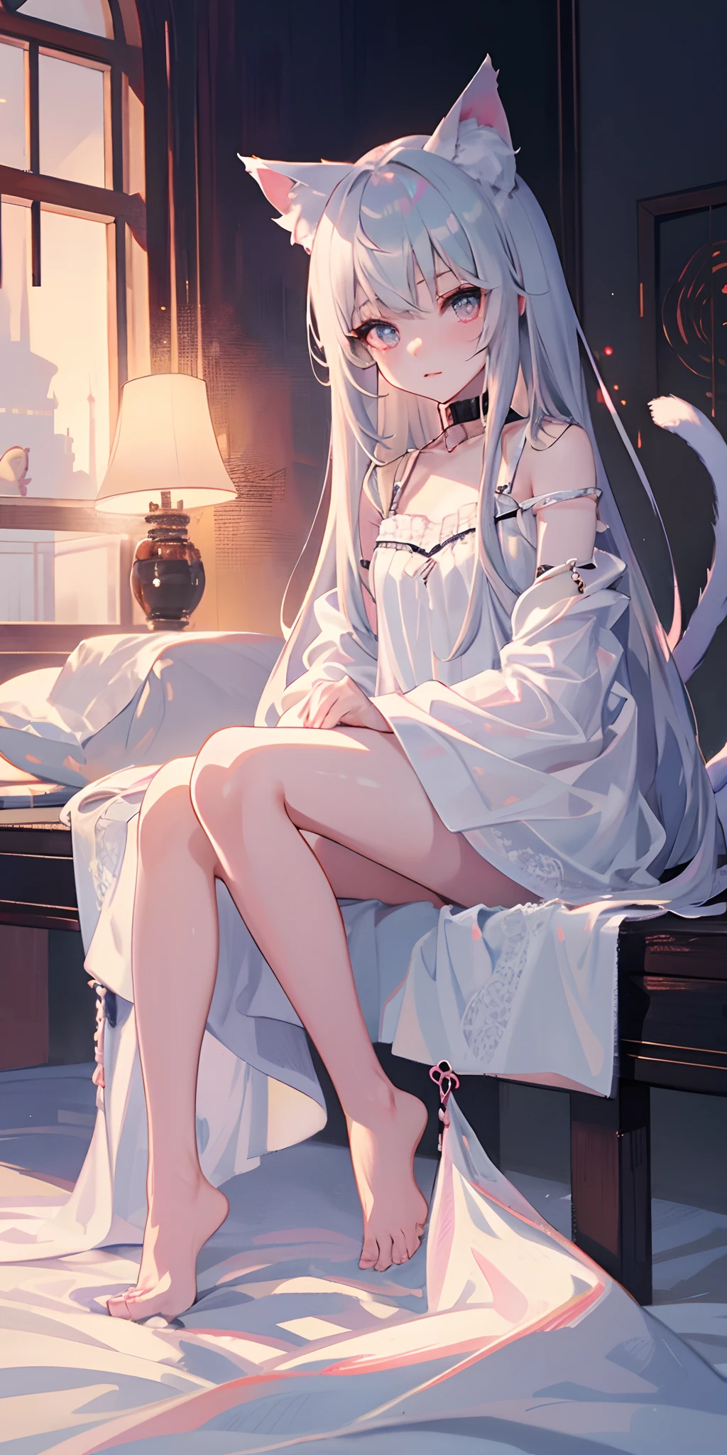 Best Quality, One Girl, Warm Lighting, Silver Hair on the Top of the Head and Pink at the Tips, Cute, Anime, Sheer White Skin, Asian Girl, Full Body, Sensual, Gentle Eyes, Cat Ears, Animation, Fantasy, Seductive, Shy Face, , Frightened, White Dress, Collar, Tail, Wizard, Fantastic, Portrait, See-Through