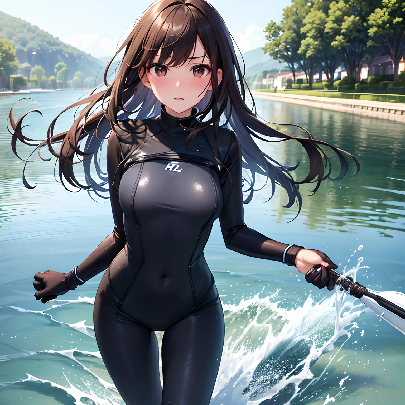 High resolution, mastepiece, extremely detailed, realistic, 1girl, slender, tall, long legs, cute face, cute eyes, (surprised), (blushing), cute reaction, blue wetsuit, brown hair, brown eyes, (hose stuffed in wetsuit), (wetsuit filling up:1.2), expanding, filling with water