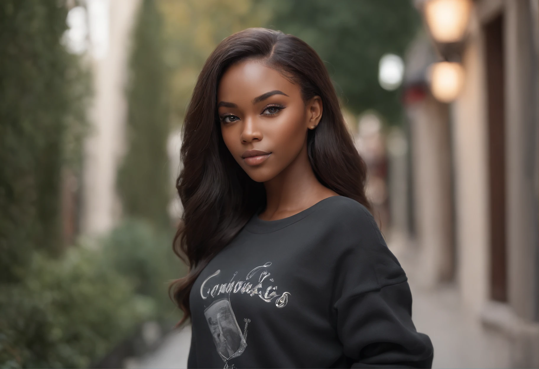 Ultra realistic photo, full body of black girl, best quality, Masterpiece, black woman inspired by Barbie, black skin, beautiful face, Wearing jeans and black sweatshirt, realistic smooth skin, ultra realistic skin, dynamic pose  in a street.  Good composition, Stunning, very detailed skin, Perfect beautiful young face