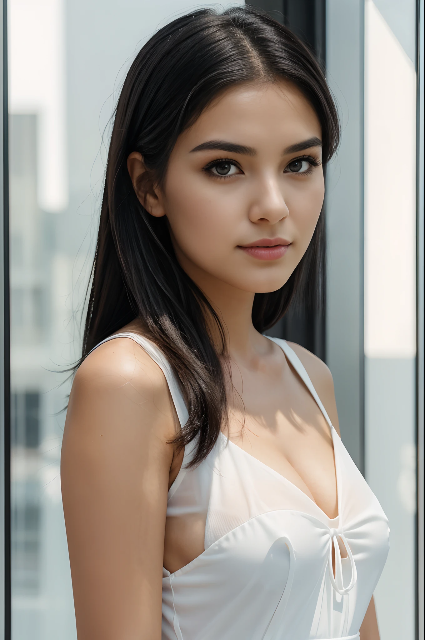 RAW Photo, DSLR BREAK (kkw-ph1:0.9) BREAK portrait of ung 20yo woman, black hair, wearing white transparent dress, perfect eyes, perfect lips, perfect nose, professional color graded, wonderful woman, high key background, cute woman