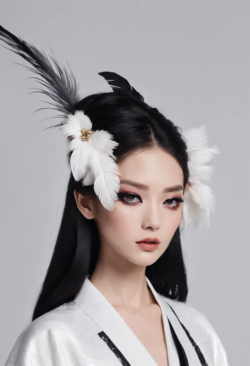 Kimono made of leather、detailed tits、A detailed face、White and black kimono、Black eyeshadow、black feathers on the head,、
