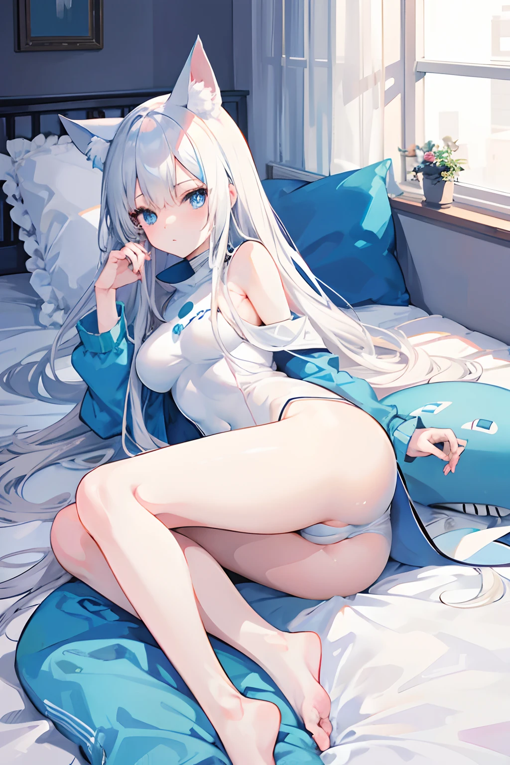 Anime girl, beautiful blue eyes, long white hair, cat ears, in a blue shark onesie, laying on a bed, good anatomy, bare legs, cute, in a beautifully decorated room, 8k, high resolution