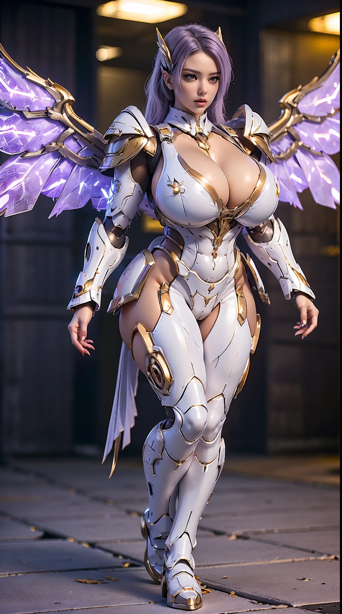 A WOMAN, BEAUTIFULL FACE, HUGE BOOBS, RGB, WHITE, GOLD, PURPLE, MECHA ARMOR FULL GEAR, (SUIT), (CLEAVAGE), (A PAIR LARGEST WINGS), (FULL BODY:1), TRANSPARANT, TALL LEGS, STANDING, SEXY BODY, MUSCLE ABS.