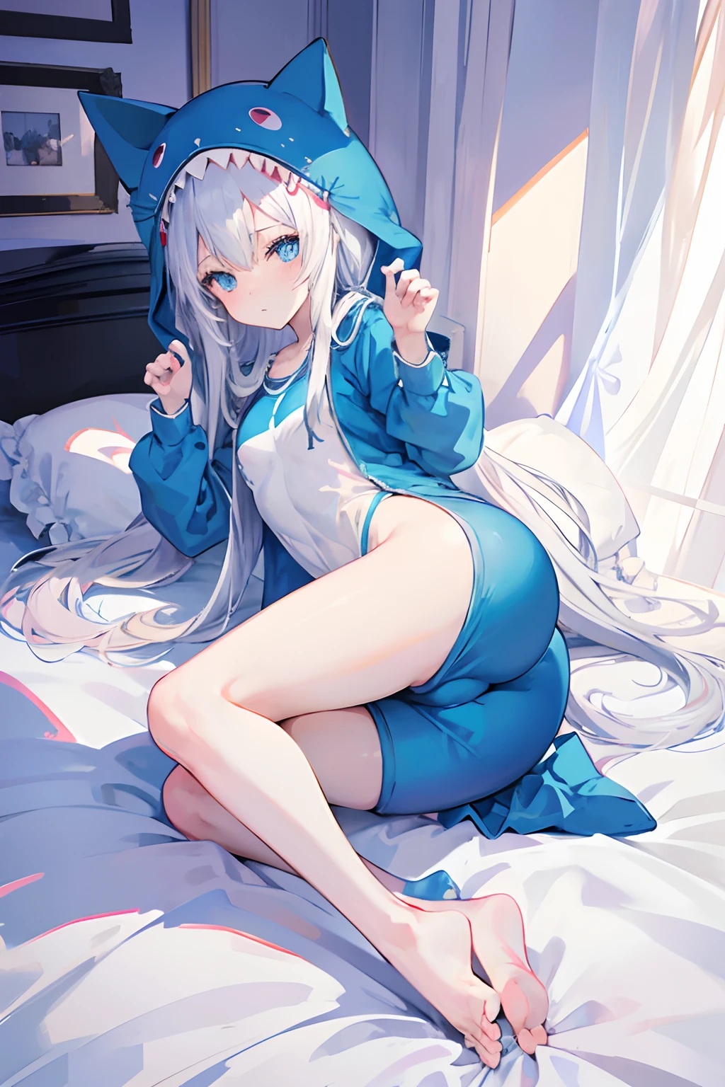 Anime girl, beautiful blue eyes, long white hair, cat ears, in a blue shark onesie, laying on a bed, good anatomy, bare legs, cute, in a beautifully decorated room, 8k, high resolution