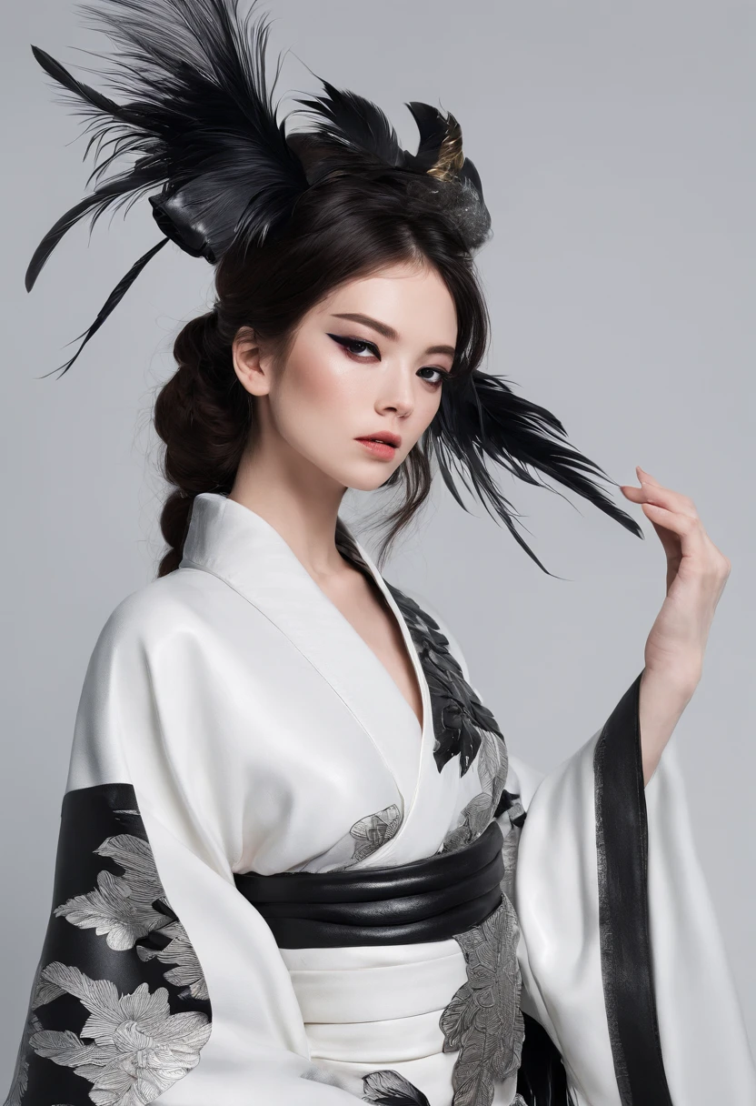 Kimono made of leather、detailed tits、A detailed face、White and black kimono、Black eyeshadow、multiple black feathers on the head,,、