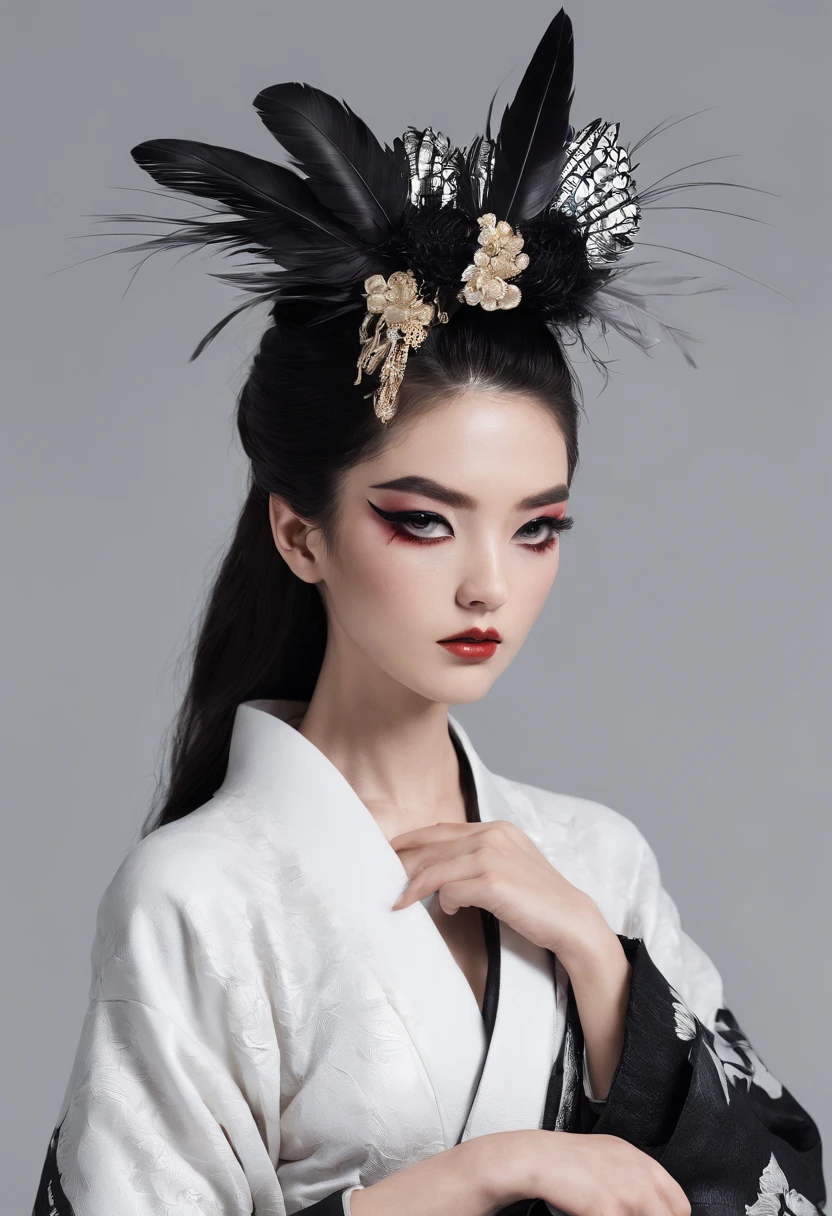 Kimono made of leather、detailed tits、A detailed face、White and black kimono、Black eyeshadow、multiple black feathers on the head,,、