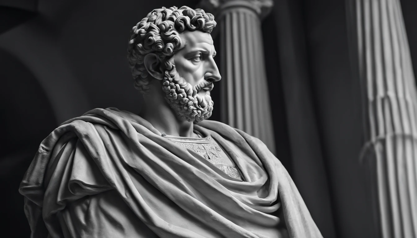 a portrait statue of the stoic Marcus Aurelius in black and white 4K,Face de lado, papel de parede super realista