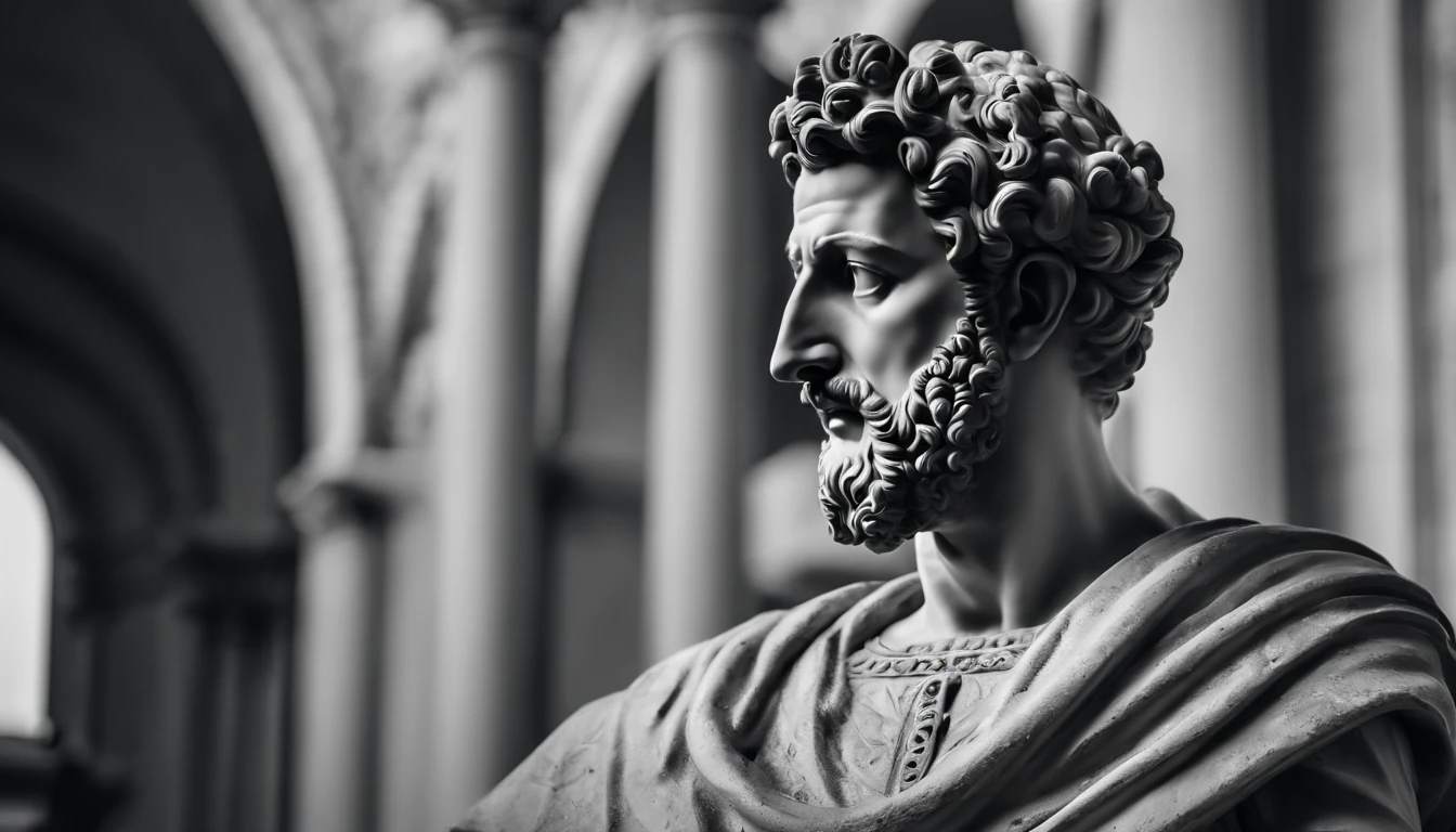 a portrait statue of the stoic Marcus Aurelius in black and white 4K,Face de lado, papel de parede super realista