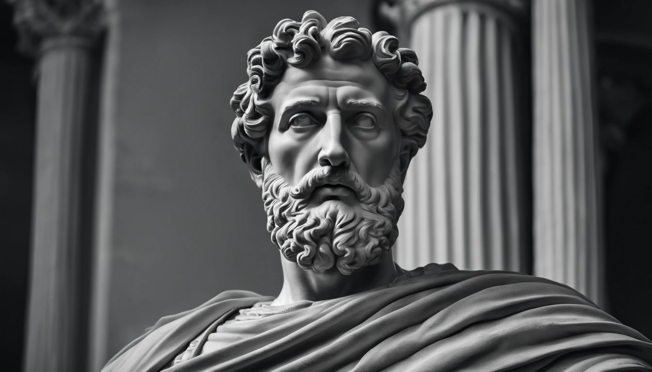 a portrait statue of the stoic Marcus Aurelius in black and white 4K,Face de lado, papel de parede super realista