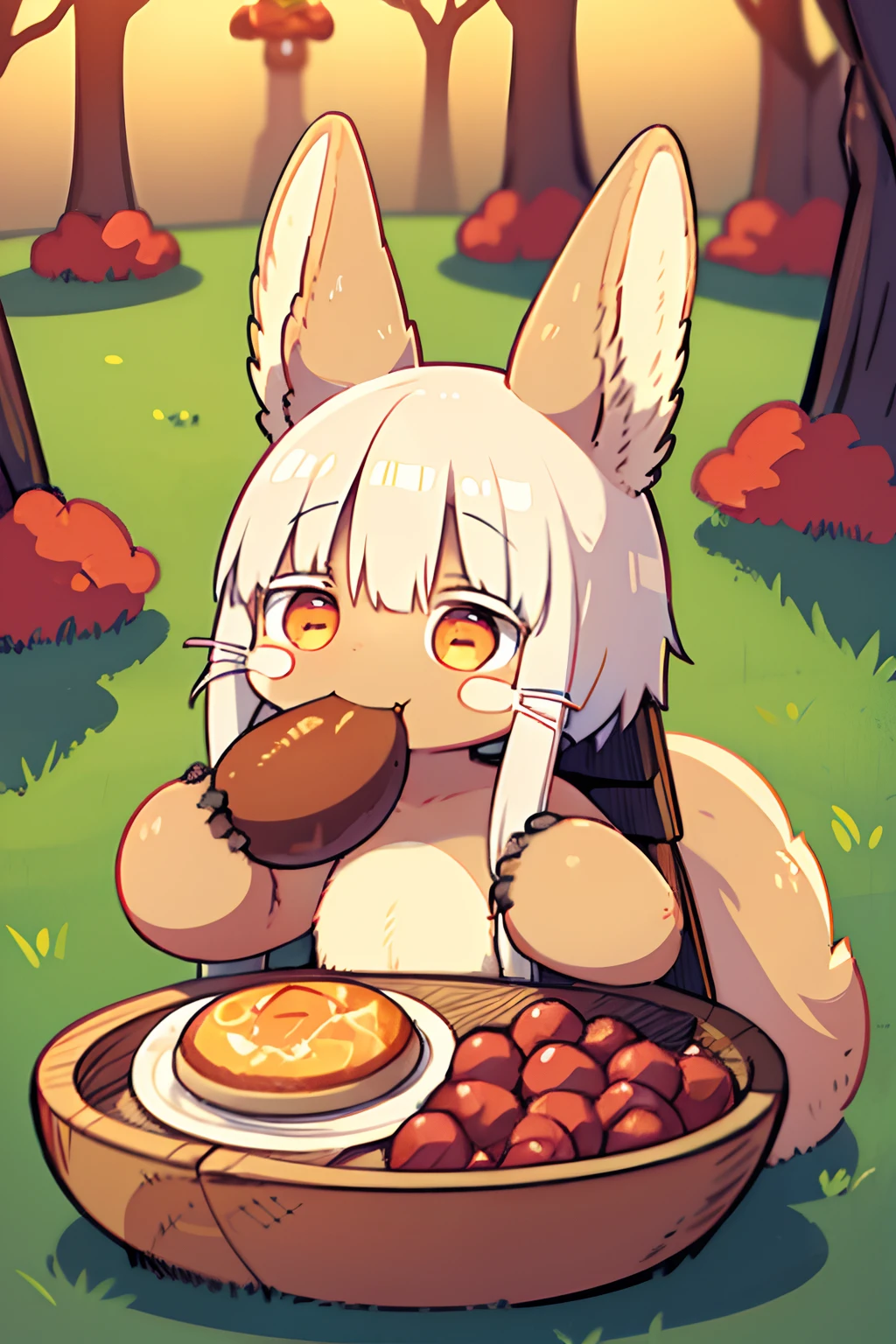 Nanachi happily eating food from another world、fluffly、Meat balls、tits out