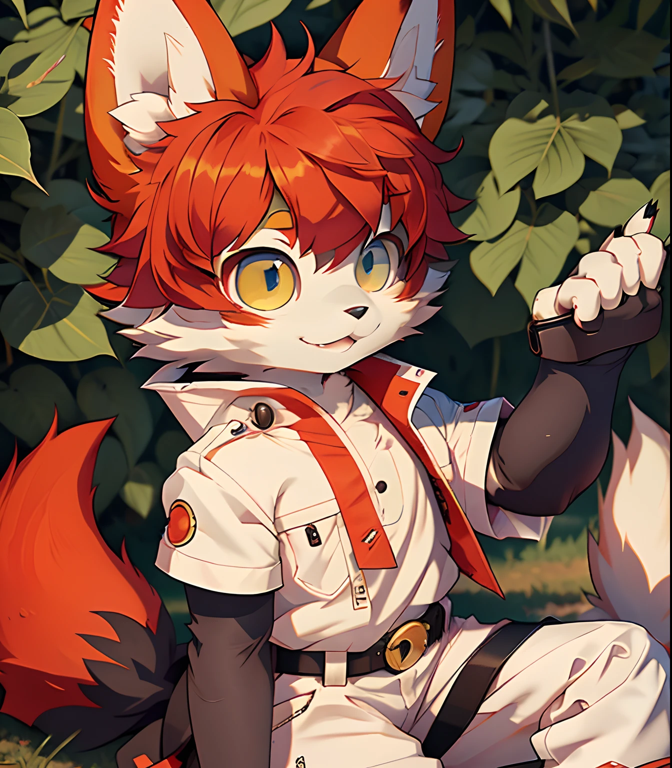 eyes with brightness,Furry,Furry,Bust photo of the character,Q version,头像框, Character focus,独奏, shaggy, Furry fox, White fur for women, Squinted eyes,clawed paws,Claws,Red hair, style,Little cute, Sell moe,White T blood,black long pants
