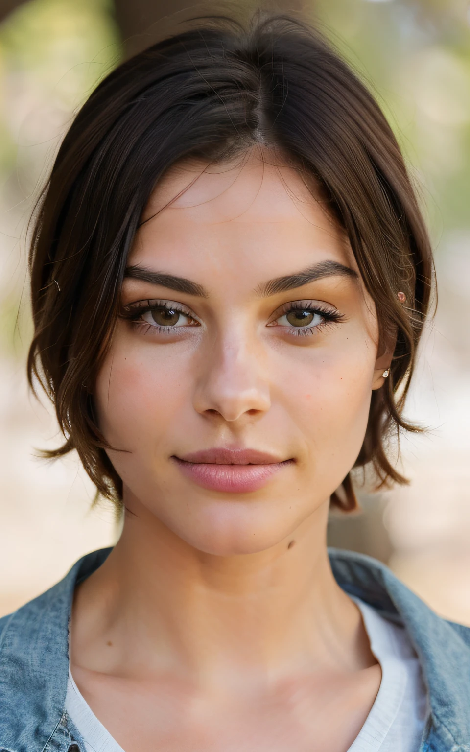 cute beautiful brunette, portrait, front facing, very detailed, 22 years old, flirty face, short hair, brown eyes, high-res, masterpiece, best quality, intricate details, highly detailed, sharp focus, detailed skin, realistic skin texture,detailed eyes, professional, 4k, smile, shot on Canon, 85mm,shallow depth of field,kodak vision color, eyeshadow, extremely detailed, photo_\(ultra\), photorealistic, realistic, post-processing, max detail, roughness, real life, ultra realistic, photorealism, photography, 8k uhd, photography,