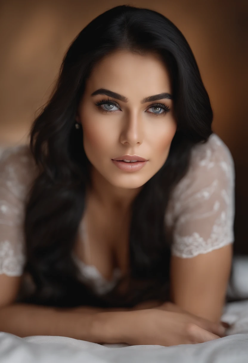 hyper realistic photography, Beautiful and intricate charm, A seductive look in her beautiful BLACK eyes, Perfect Anatomy, Posing in front of a SLR camera, In natural and bright light, Reflects light、Shine in her beautiful soft, slightly wavy black hair, BLACK SEE THROUGH UNDERWEAR, With great confidence, 8K UHD, Super masterpiece, Matilda Anna Ingrid Lutz. LAYING ON BED