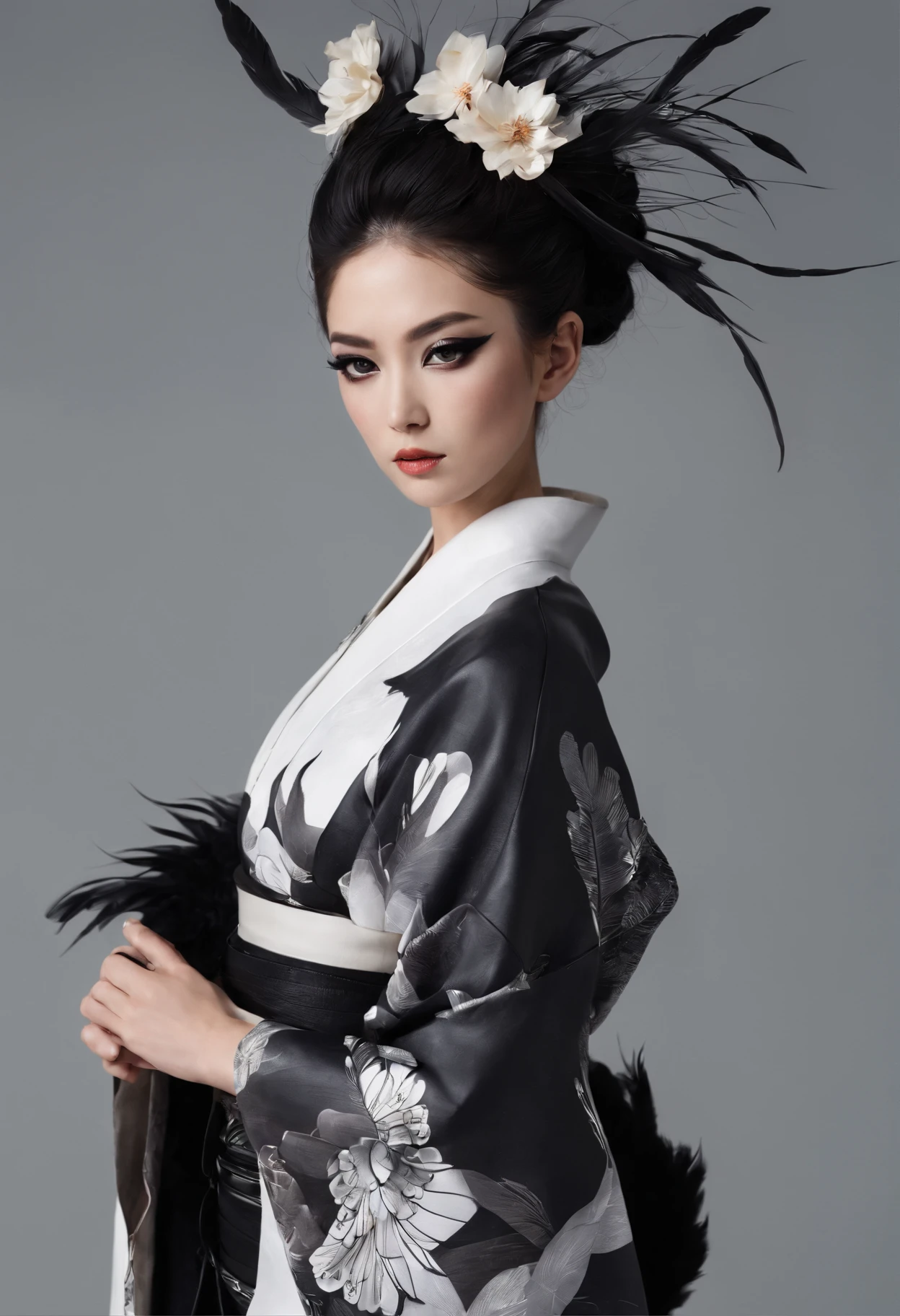 Kimono made of leather、detailed tits、A detailed face、White and black kimono、Black eyeshadow、multiple black feathers on the head,,、