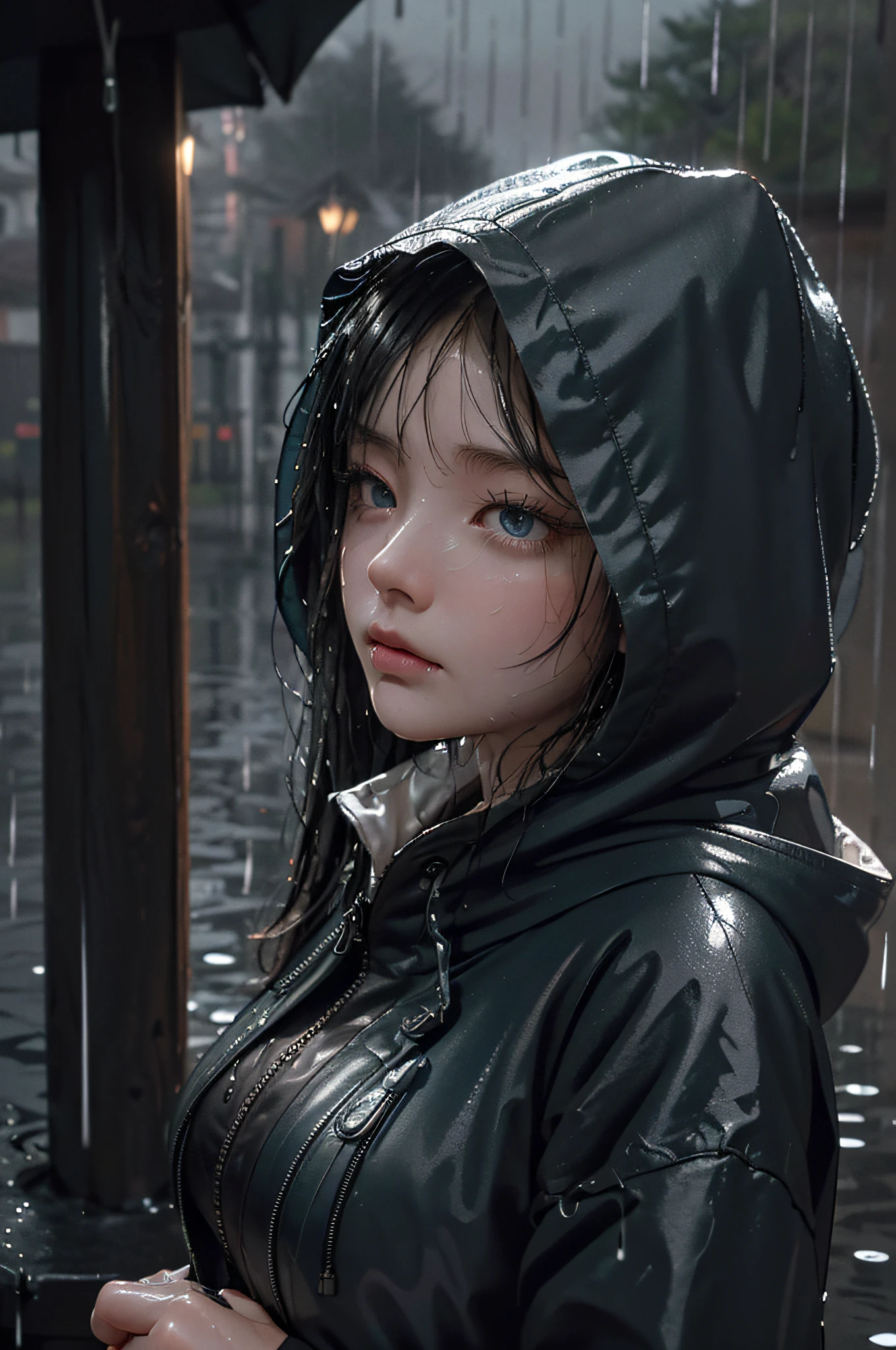 （Masterpiece:1.2, Best quality), (Real picture, Intricate details), (during night, Dark, heavy rain poured:1.4) There was no one in the alley, the surroundings were silent, Only raindrops splashed on the tiled eaves of low houses, Near and far;, making a slight rustling sound. In the cold rain, (1girll, Wet hooded jacket，The face is sad, Perfect eyes:1.2) are standing,Fold your arms over your chest，8K