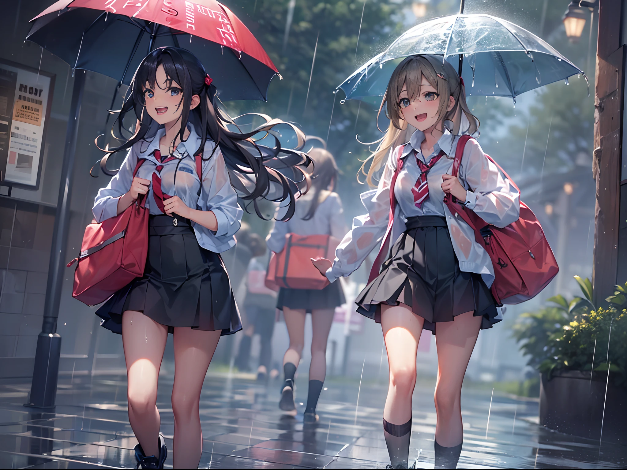 ((Best quality, 8K, Masterpiece: 1.3)), highschool girls walking in rain, soaked wet, laughing, beautiful scenery
