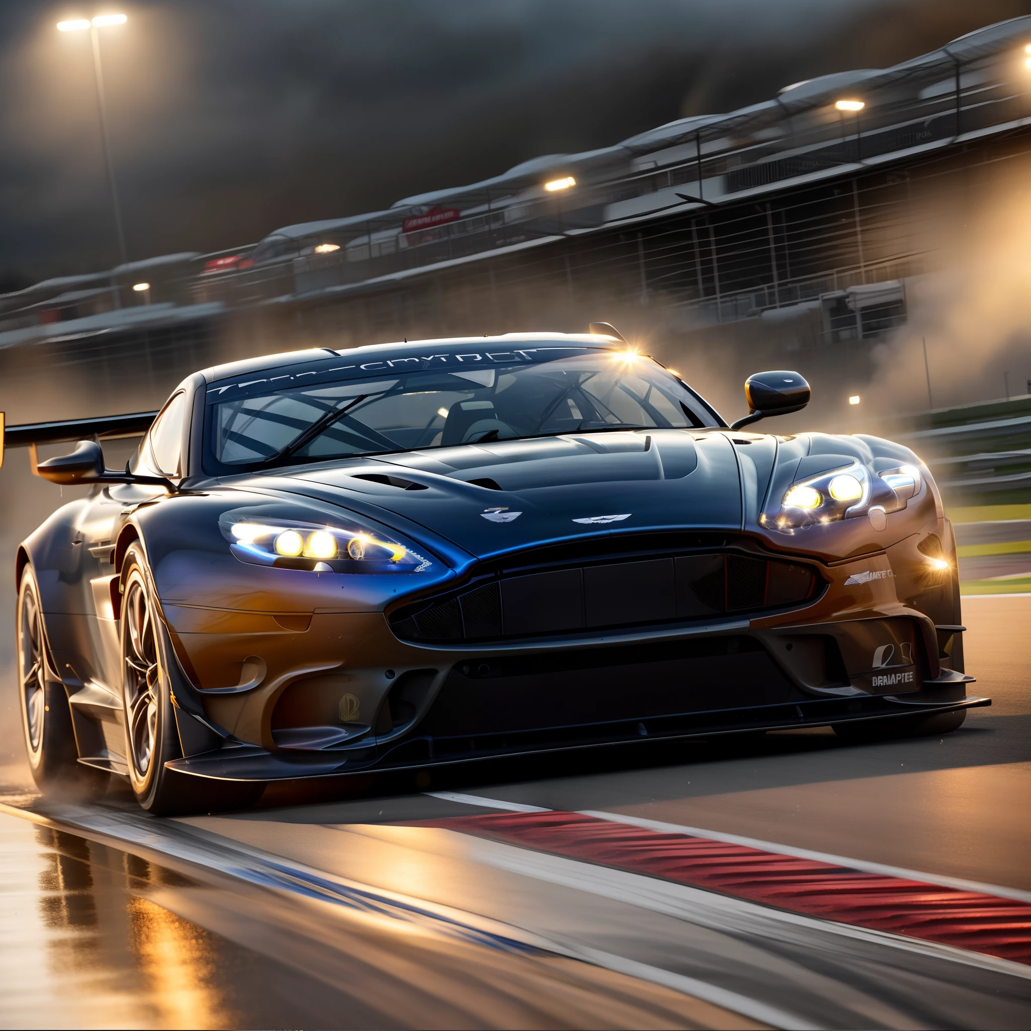 arafed image of a (aston martin db9 gt3:1.4), (8k, RAW photo, best quality, masterpiece:1.2), (realistic, photo-realistic:1.37), (full body:1.3) (detailed), (highres), ultra realistic, hyperrealistic, high detail RAW color photo of (aston martin db9 gt3r:1.4), high angle shot front viewaston martin db9 gt3 driving on a race track, stormy weather, (wet:1.2), (water dust:1.2), 8k uhd, high quality, motion blur, depth blur, cinematic, filmic image 4k, vibrant color, (reflections),(aston martin ) race car,(race car:1.4),(endurance race car:1.4),at night, lights, High Detail, Sharp focus, (photorealism), realistic, best quality, 8k, award winning, dramatic lighting, epic, cinematic, masterpiece, rim light, ambient fog:1.3, dutch angle, depth of field,8k uhd, high quality, motion blur, depth blur, cinematic, filmic image 4k, vibrant color, (reflections),spoiler, GT3 race car, WEC endurance cars,rollcage,sponsors,livery, sponsored livery,lights turned on,motion blur,closeup,commercial photography