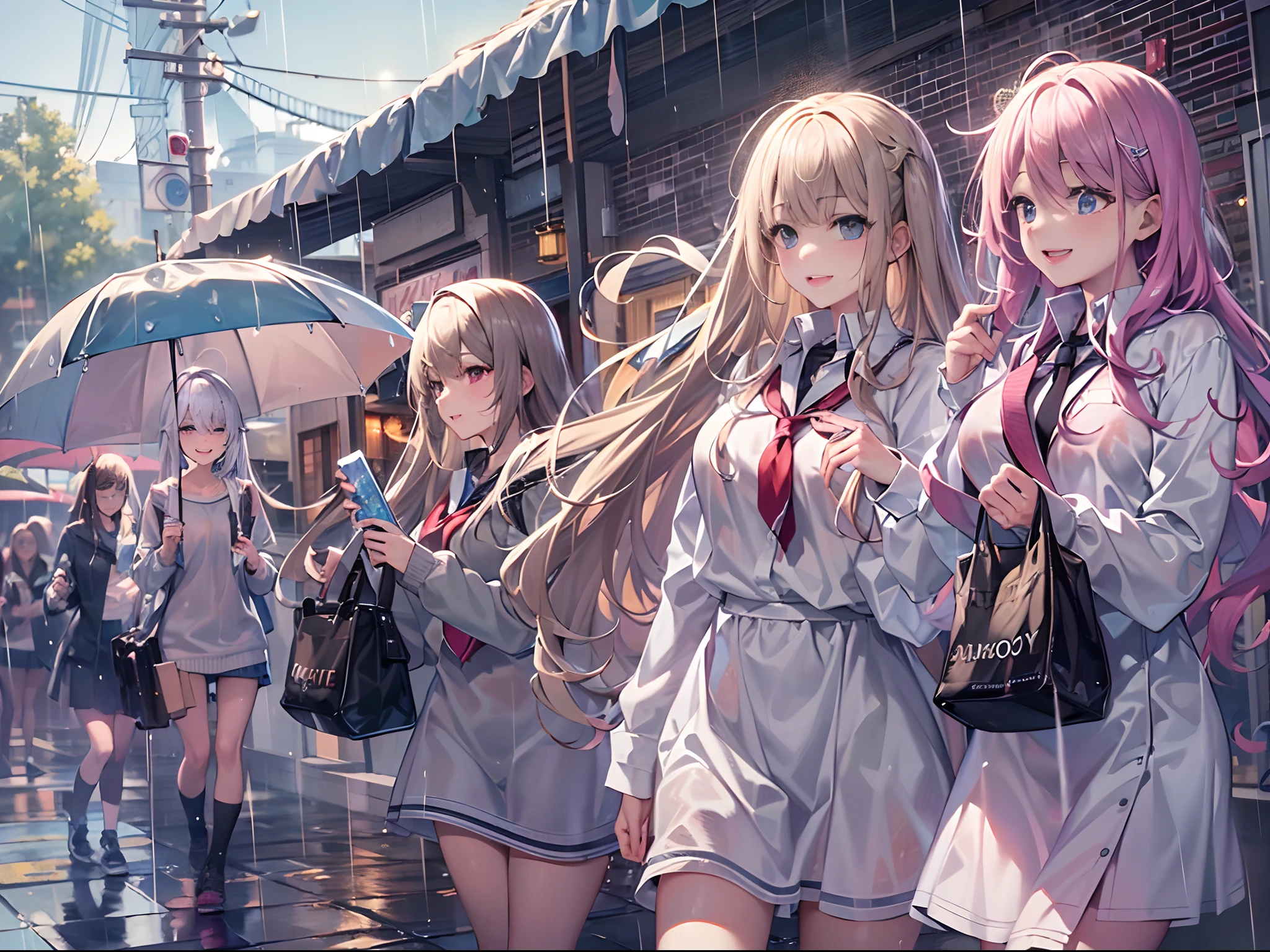 ((Best quality, 8K, Masterpiece: 1.3)), highschool girls walking in rain, soaked wet, laughing, beautiful scenery