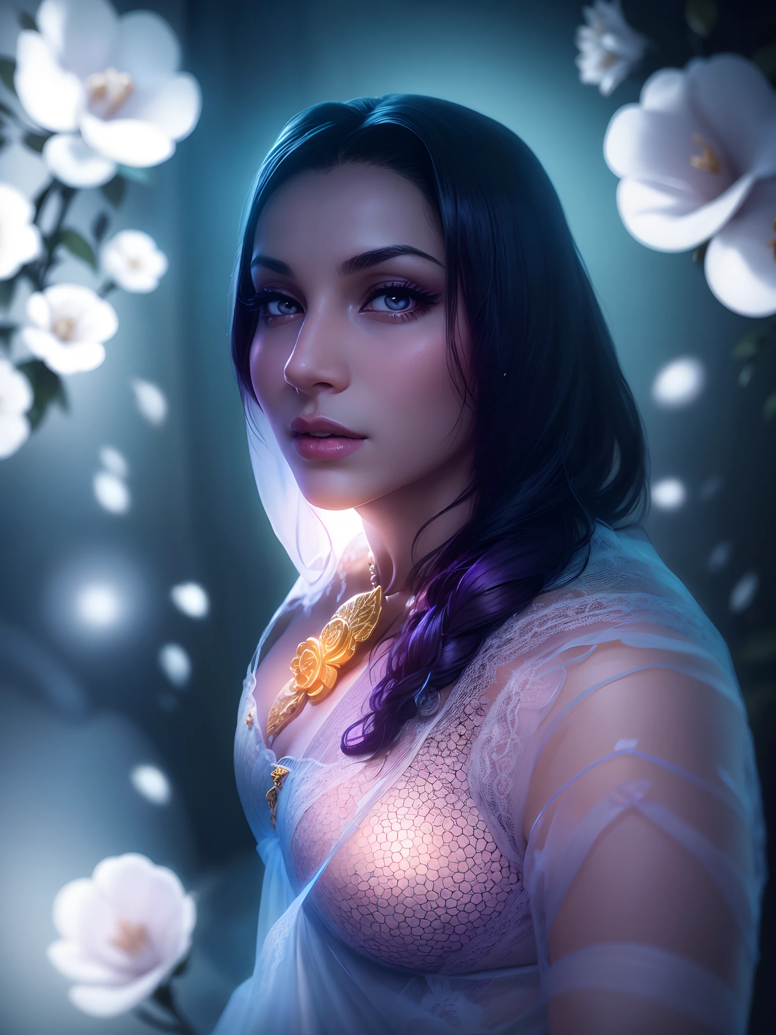 A movie actress in a fantastic flower garden, she lies on a golden throne, realistic neon eyes, Ada Sharma, wears sexy transparent blurry lingerie, curvy body, huge large breasts, large cleavage, low lighting, colourful, Sharpen, 70mm lens, f/1.8, Accent lighting, Global Illumination, --uplight --4, 8K