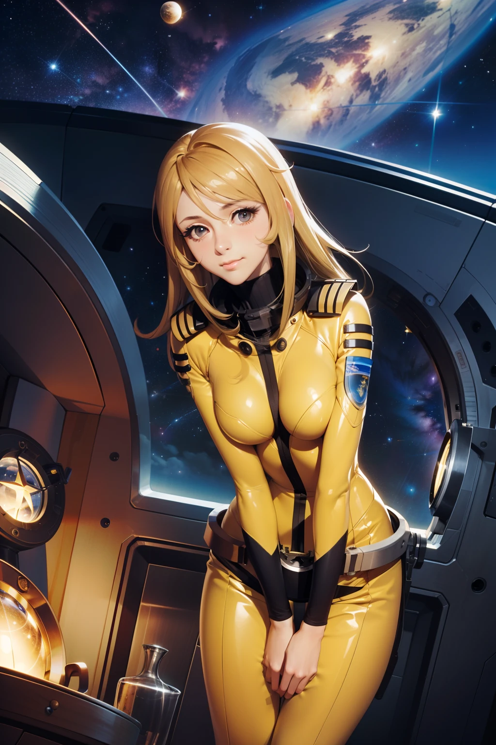 (masterpiece, best quality:1.2), (cowboy shot:1.1), solo, 1girl, mori yuki, slight smile, closed mouth, looking at viewer, blonde hair, thigh gap, yellow bodysuit, skin-tight, perfect body, belt, large window, (starship porthole:1.3), from front, (spread legs:1.3), (standing:1.1), thigh gap, perfect hands, bright starship interior, (outer space view:1.1), (orbital view:1.3), (night, stary sky:1.5), milky way