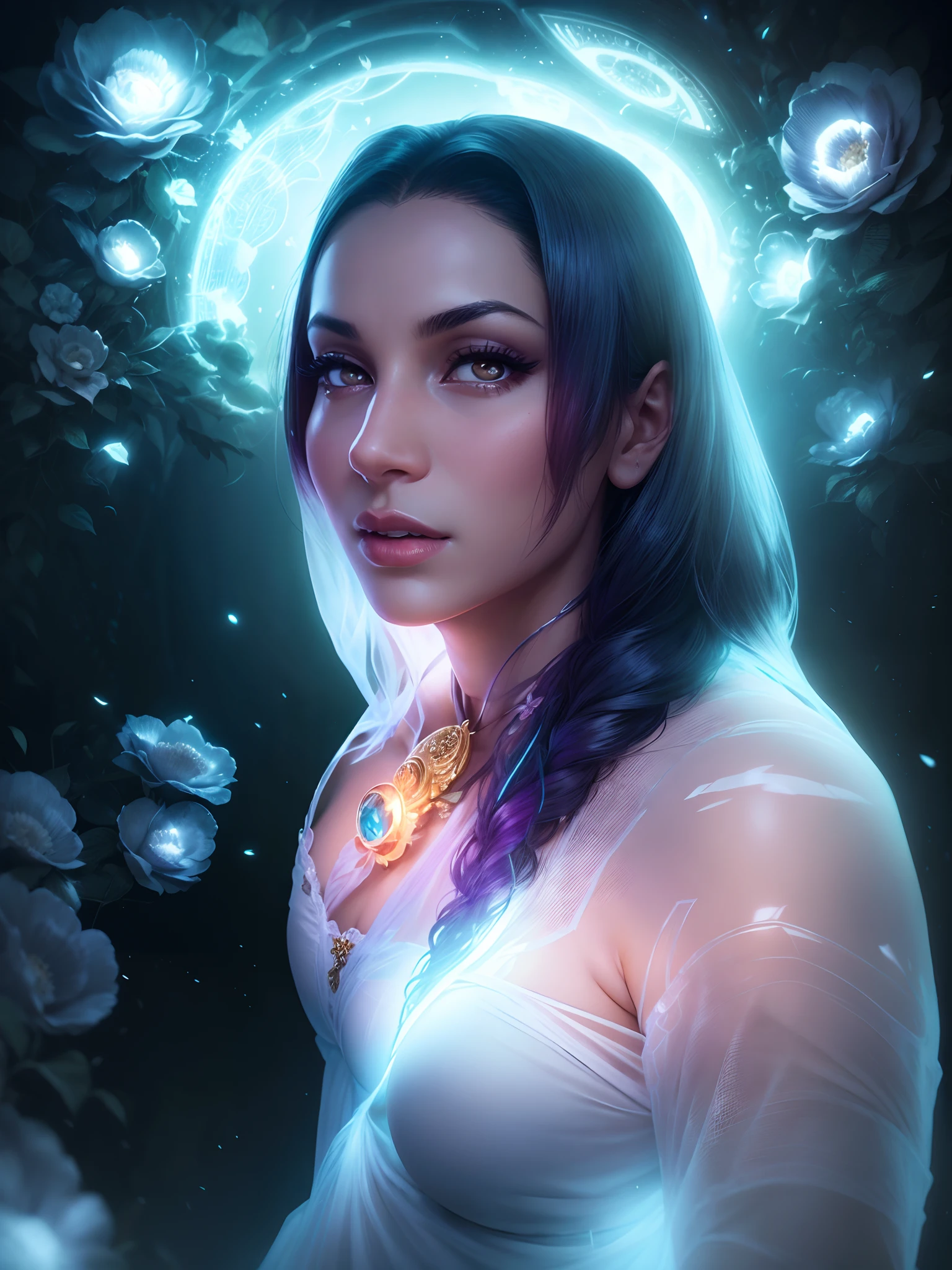 A movie actress in a fantastic flower garden, she lies on a golden throne, realistic neon eyes, Ada Sharma, wears sexy transparent blurry lingerie, curvy body, huge large breasts, large cleavage, low lighting, colourful, Sharpen, 70mm lens, f/1.8, Accent lighting, Global Illumination, --uplight --4, 8K