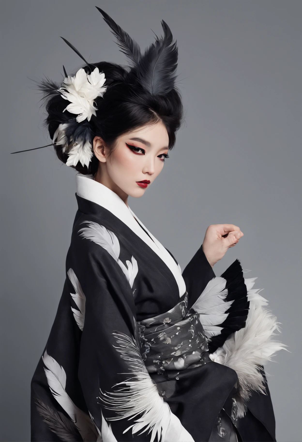 Kimono made of leather、detailed tits、A detailed face、White and black kimono、Black eyeshadow、multiple black feathers on the head,,,、Kimono with black feathers、