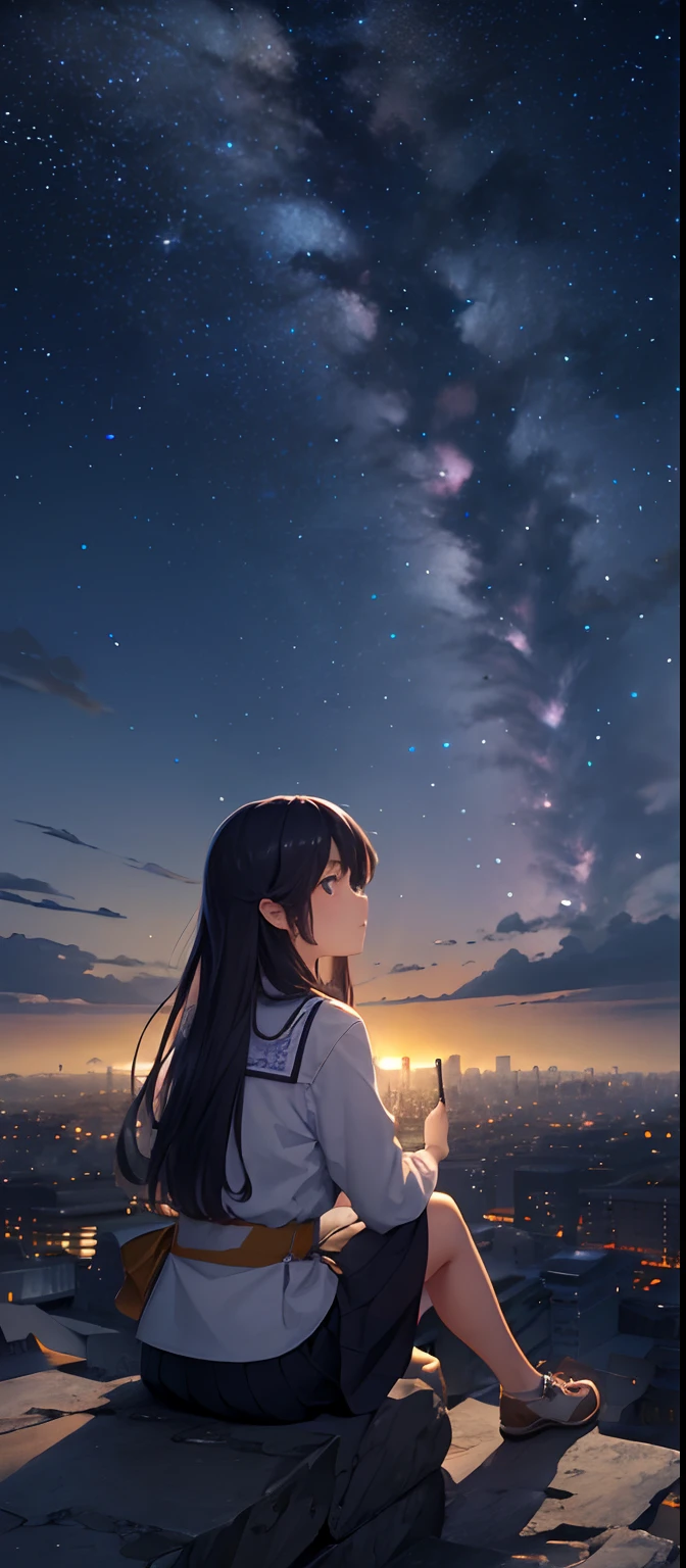 octans, Skysky, stele(Skysky), landscapes, starrysky, natta, 1girl in, nigh sky, 独奏, plein air, built, clouds, milkyway, sitting on, The tree, length hair, 城市, silhuette, Cityscape , Sateen、umbrellas