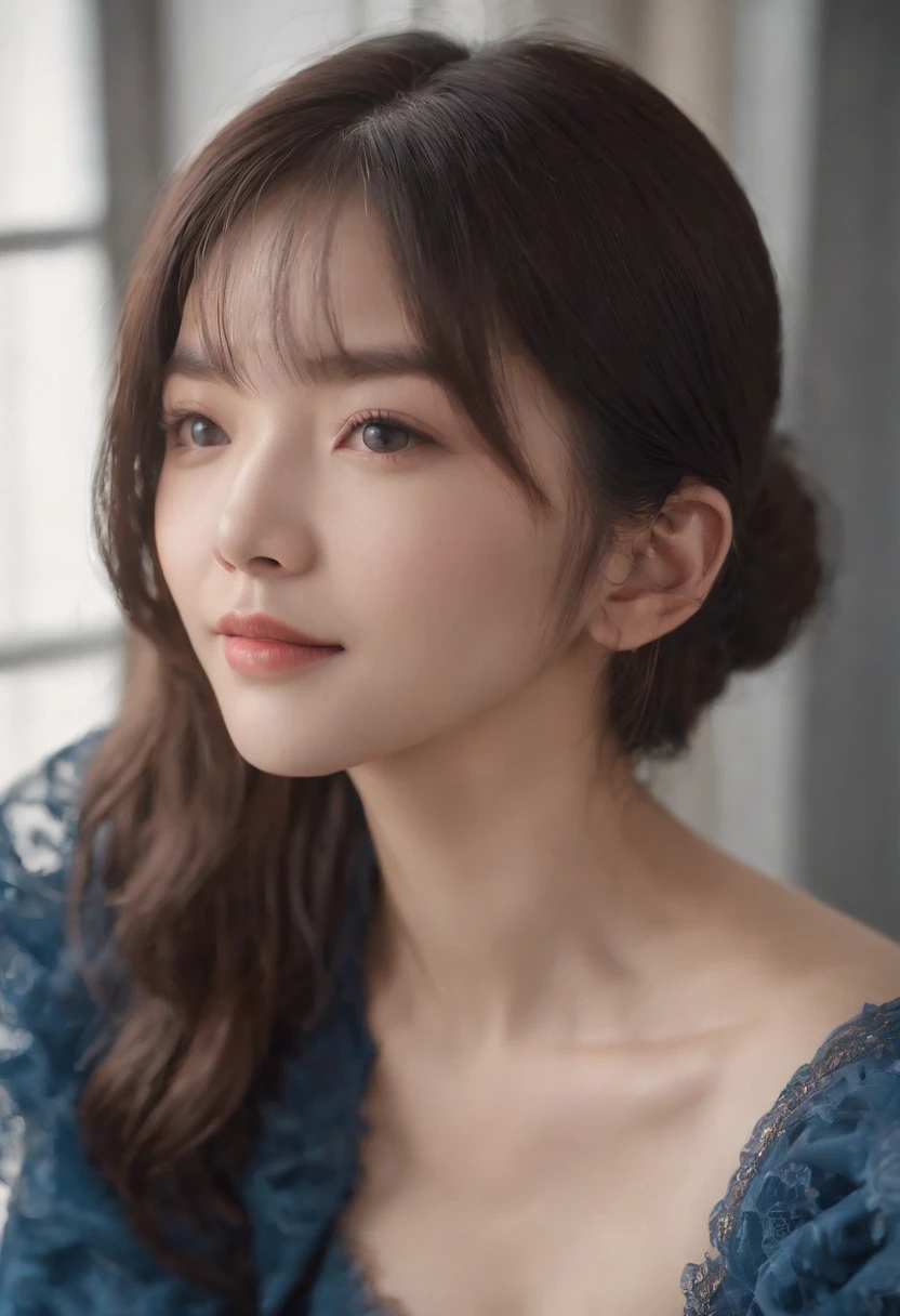 top-quality, Photorealsitic, ​masterpiece, 8K, Hi-Res, 独奏, 1girl, (((infp young woman))),sixteen years old、full bodyesbian、(small tits), ((Look at viewers)), (look at a camera), ((Various hairstyles close to long)）、Perfect straight black hair、((With bangs))、 (profetional lighting), Highly detailed bright face、Gentle Japan girl、lovely smile、Small cleavage、Blue dress（long-sleeve）、Standing in the room