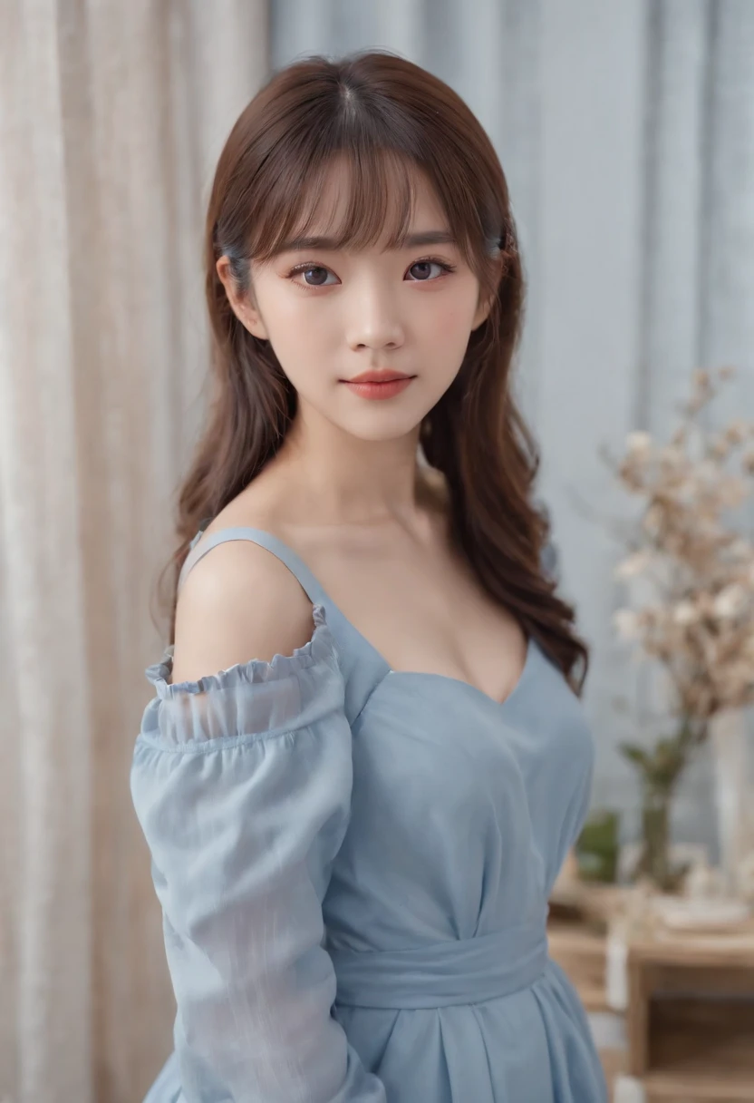top-quality, Photorealsitic, masterpiece, 8K, Hi-Res, 独奏, 1girl, (((infp young woman))),、full bodyesbian、(small tits), ((Look at viewers)), (look at a camera), ((Various hairstyles close to long))、Perfect straight black hair、((With bangs))、 (profetional lighting), Highly detailed bright face、Gentle Japan girl、lovely smile、Small cleavage、Blue dress(long-sleeve)、Standing in the room