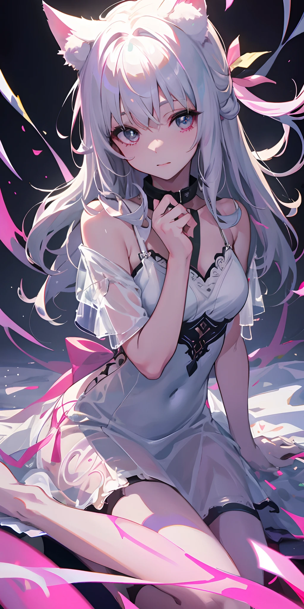 Best Quality, One Girl, Warm Lighting, Silver Hair on the Top of the Head and Pink at the Tips, Cute, Anime, Sheer White Skin, Asian Girl, Full Body, Sensual, Gentle Eyes, Cat Ears, Animation, Fantasy, Seductive, Shy Face, , Frightened, White Dress, Collar, Tail, Wizard, Fantastic, Portrait, See-Through