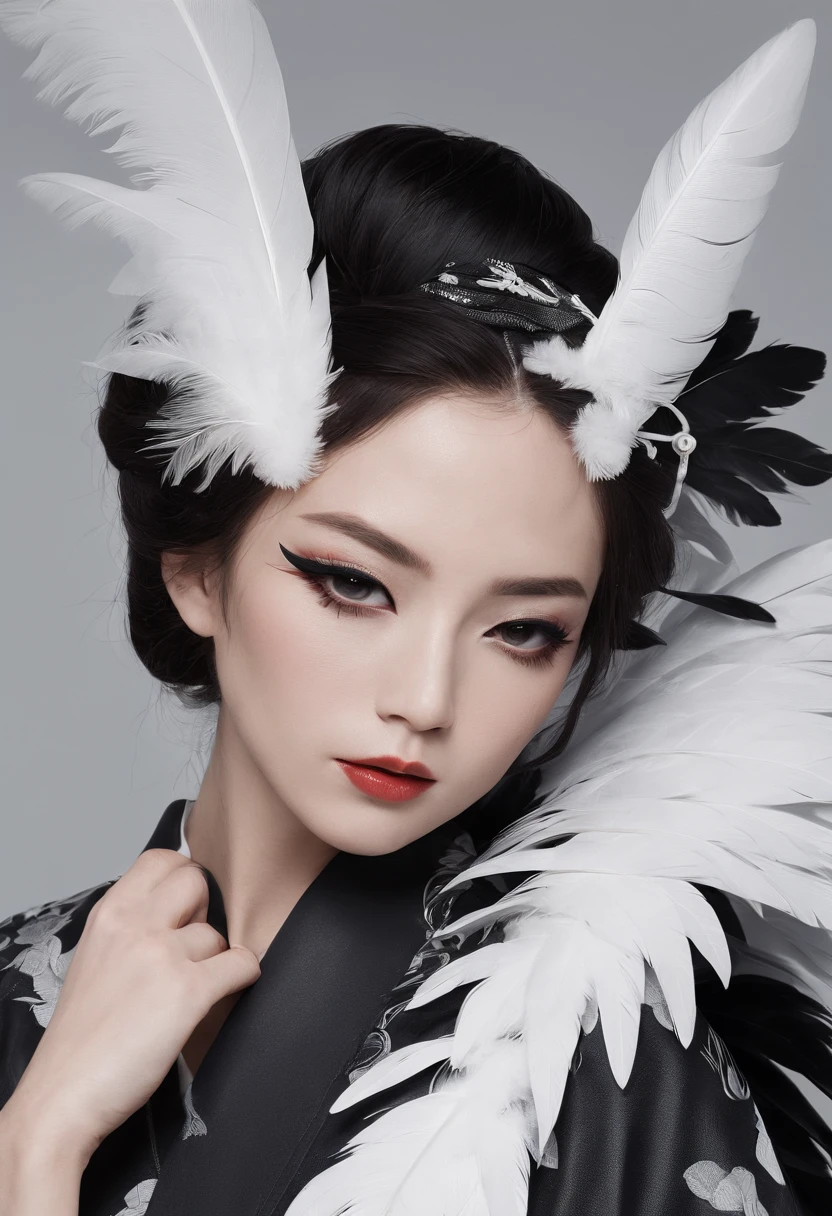 Kimono made of leather、detailed tits、A detailed face、White and black kimono、Black eyeshadow、multiple black feathers on the head,,,,、Kimono with black feathers、