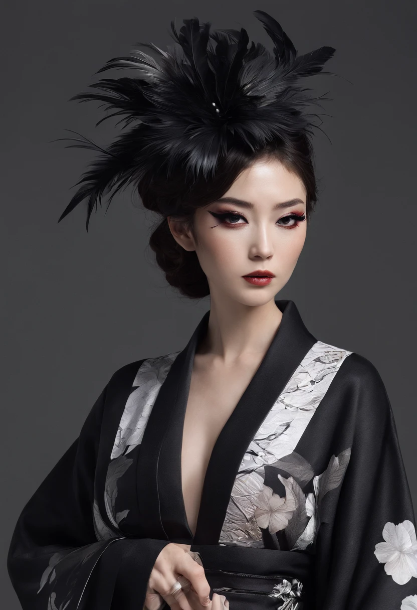 Kimono made of leather、detailed tits、A detailed face、White and black kimono、Black eyeshadow、multiple black feathers on the head,,,,、Kimono with black feathers、