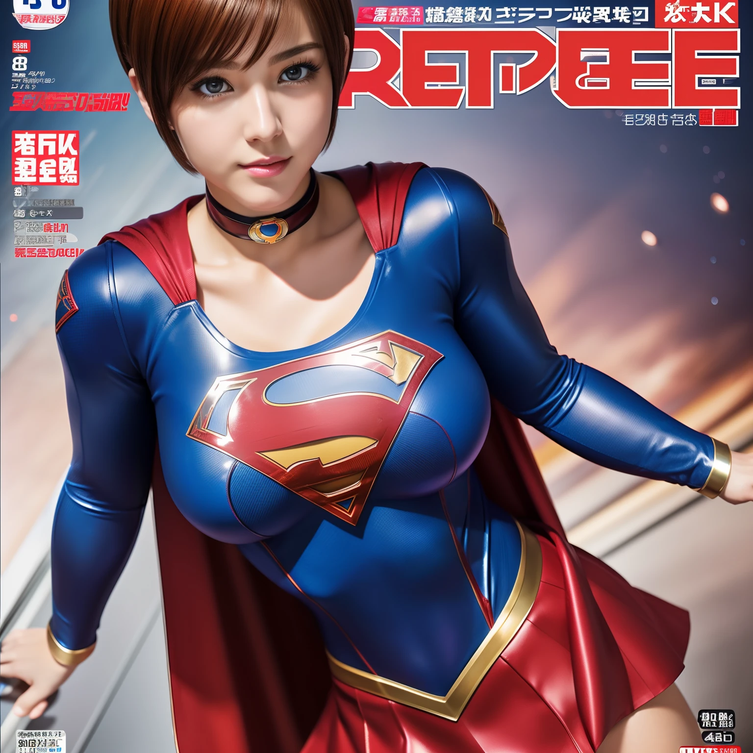 (Best Quality,4K,8K,hight resolution,masutepiece:1.2),Ultra-detailed,Realistic:1.37,Super masterpiece,Short-haired Supergirl、large full breasts、Looking at the camera、Glossy costume、a choker、Too short miniskirt、Magazine covers、tabloid