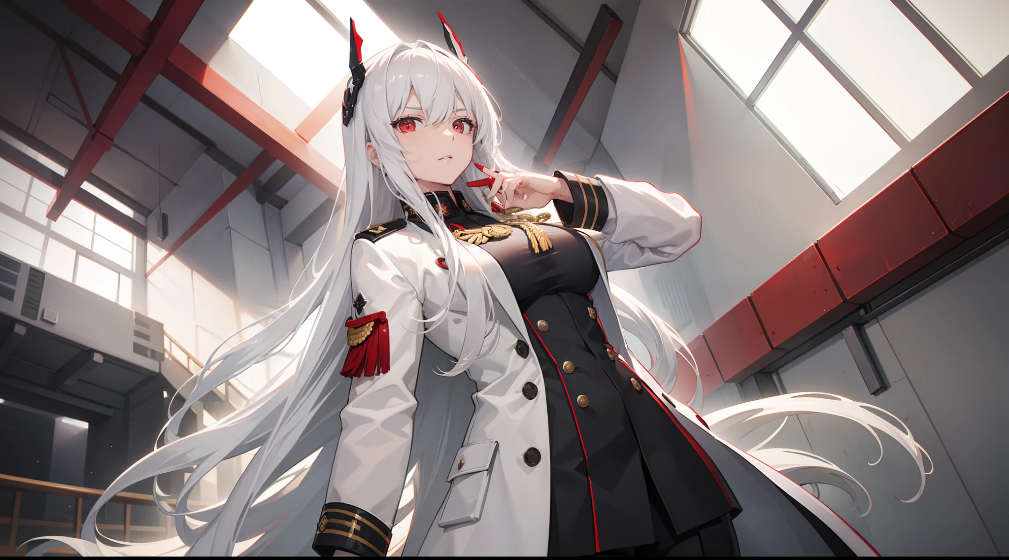 Best quality, masterpiece, 1girl, white hair, uniform, coat, large breasts, red eyes, long hair, military uniform, pants,