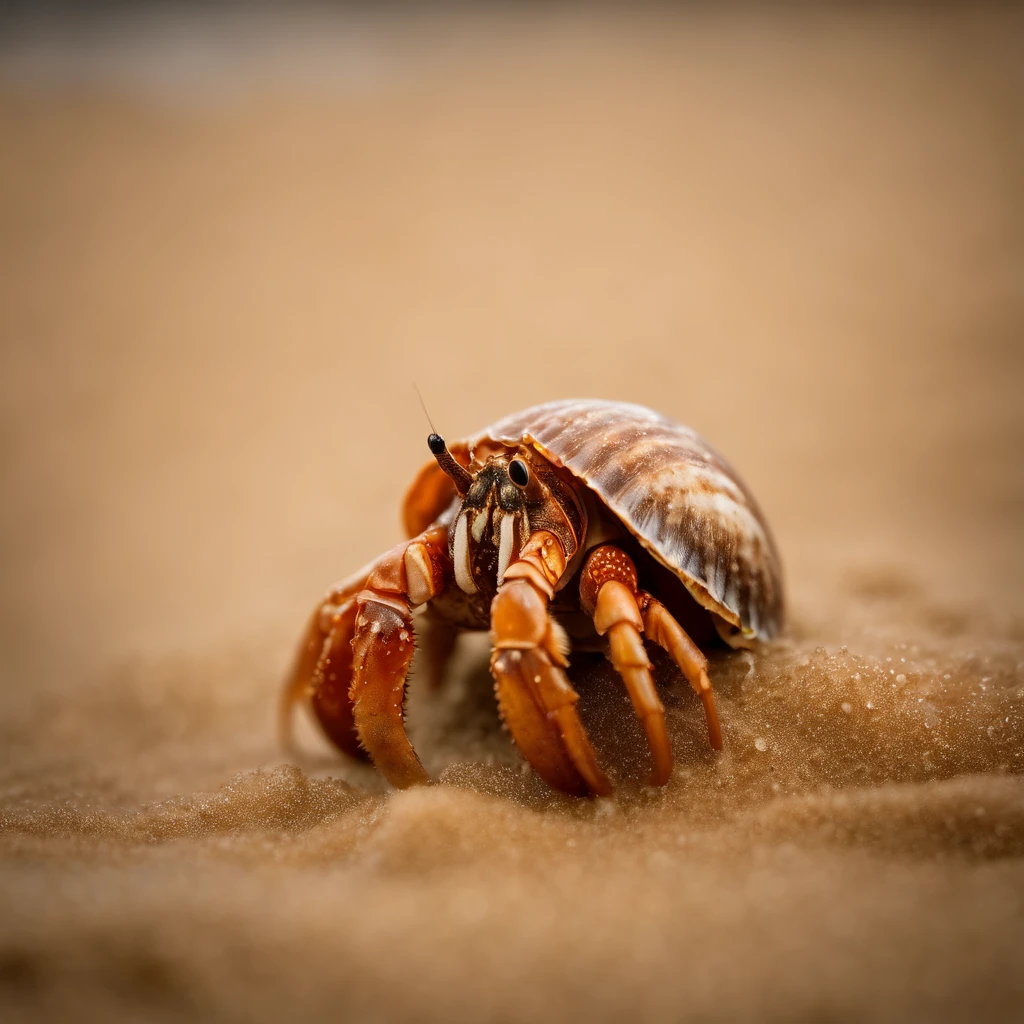 Close-up photograph of a hermit crab nestled in wet sand, with sea-foam nearby and the details of its shell and texture of the sand accentuated.