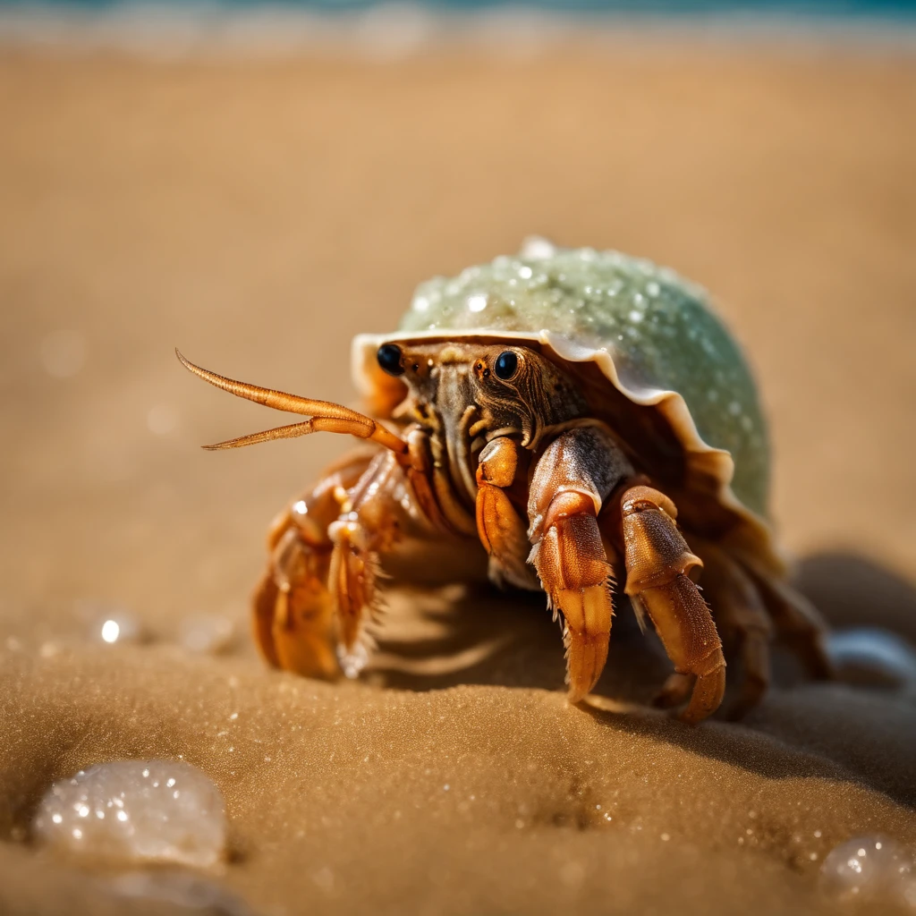 Close-up photograph of a hermit crab nestled in wet sand, with sea-foam nearby and the details of its shell and texture of the sand accentuated.