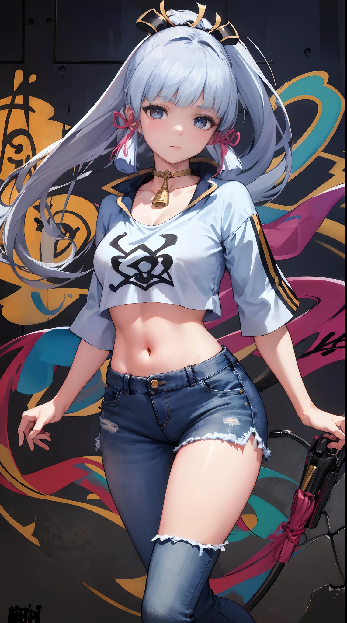 kamisato ayaka|genshin impact, master-piece, bestquality, 1girls,30 years old, proportional body, Big legs, Beautiful, proportional., crop top, Long Jeans, mediuml breasts, ,bara, crop top, choker, (Graffiti:1.5), Splash with purple lightning pattern., arm behind back, against wall, View viewers from the front., Thigh strap, Head tilt, bored,(NSTDA.:1.2), (10, beste-Qualit, master-piece: 1.4), Beautiful red hair, ultra-high resolution, (lifelike, photorealistic portrait: 1.48), (Looking Through Crop Tops.), Famous Japanese actors, beautiful clear eyes, Head tilt, cowboy shot, from the front, looking at the audience, expressionless, Beautiful lake, Zeiss 150mm F/ 2.8 Hasselblad,  Whole body, foot, Ultra-Wide Angle,