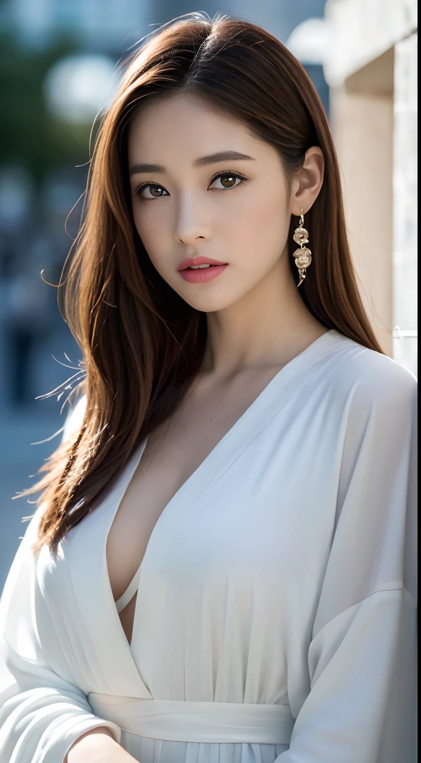 ((realistic lighting, Best quality, 8k, Masterpiece: 1.3)), Objectif clair: 1.2, 1fille, Silhouette parfaite: 1.4, Abdominaux minces: 1.1, ((dark brown hair)), (Robe blanche: 1.4), (outdoor, Nuit: 1.1), Gratte-ciel de la ville, Visage super fin, Yeux fins, 二重まぶた,