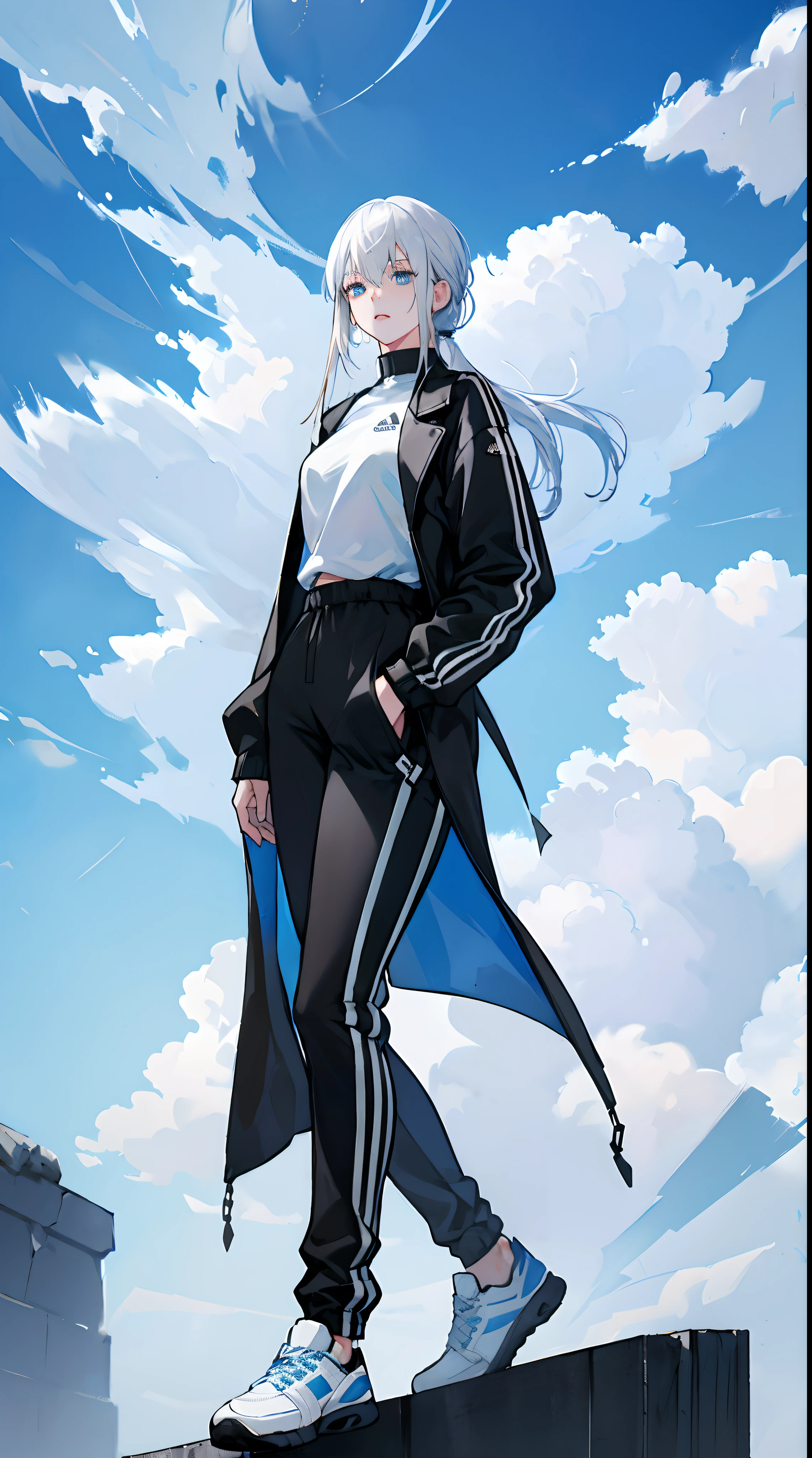 White-haired girl，She has white hair and blue eyes，She wears an Adidas black tracksuit，The black coat clings to her slender figure，Black sweatpants reveal well-proportioned legs。Her hair is pure white，Flowing on her shoulders，This contrasts with her distinctive blue pupils。Beautiful blue sky and white clouds in the background