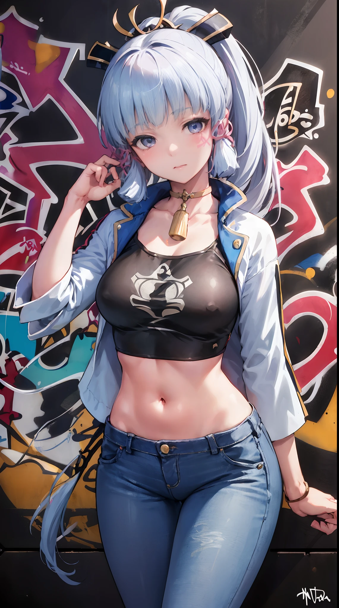 kamisato ayaka|genshin impact, master-piece, bestquality, 1girls,30 years old, proportional body, Big legs, Beautiful, proportional., crop top, Long Jeans, mediuml breasts, ,bara, crop top, choker, (Graffiti:1.5), Splash with purple lightning pattern., arm behind back, against wall, View viewers from the front., Thigh strap, Head tilt, bored,(NSTDA.:1.2), (10, beste-Qualit, master-piece: 1.4), Beautiful red hair, ultra-high resolution, (lifelike, photorealistic portrait: 1.48), (Looking Through Crop Tops.), Famous Japanese actors, beautiful clear eyes, Head tilt, cowboy shot, from the front, looking at the audience, expressionless, Beautiful lake, Zeiss 150mm F/ 2.8 Hasselblad, Whole body, foot, Ultra-Wide Angle,