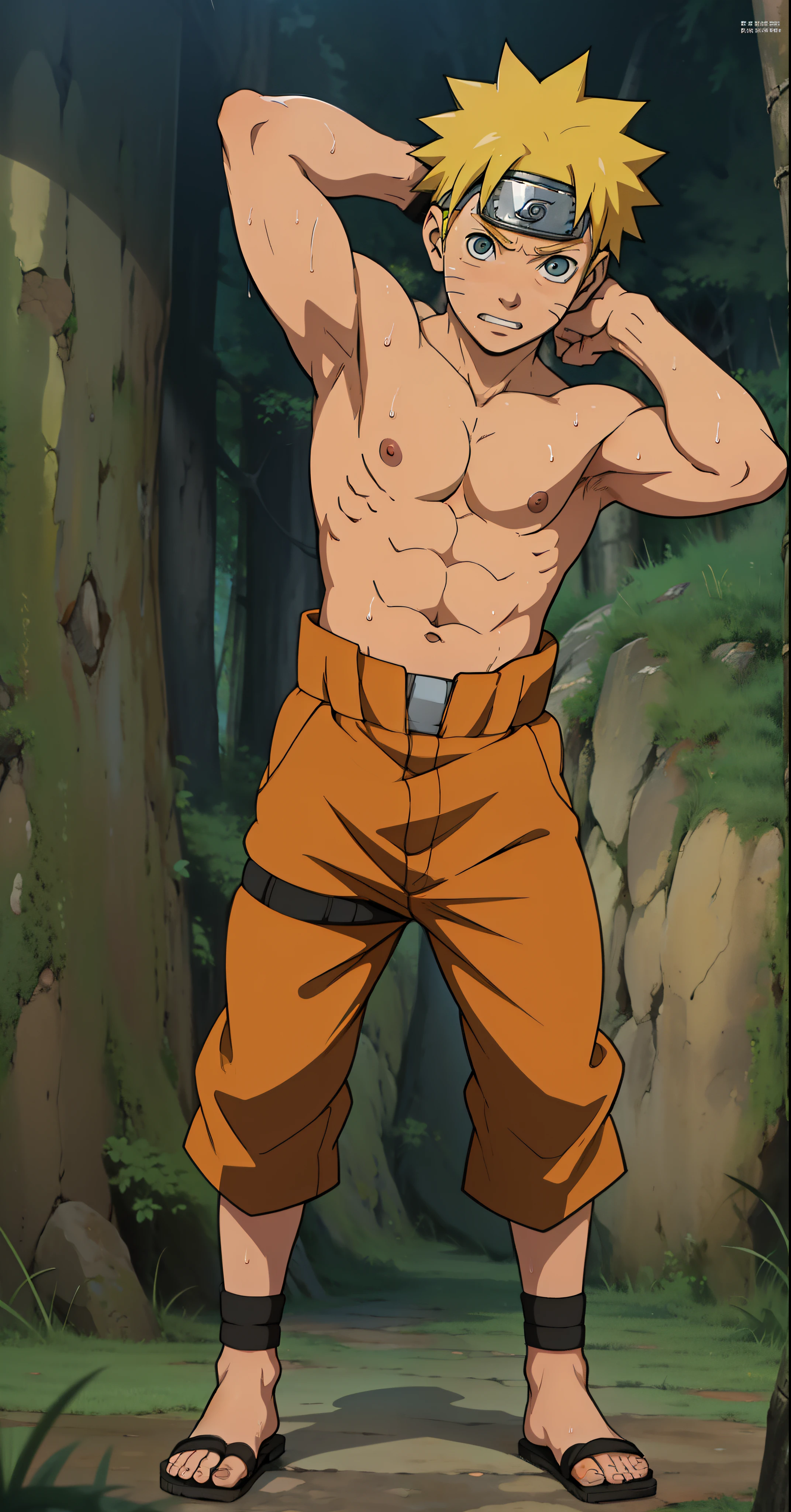 ( full body ) (photo angle from bottom up) Uzumaki Naruto,, cute baby face, s, hands behind head, sweat flowed profusely,stand straight in a comfortable position , topless