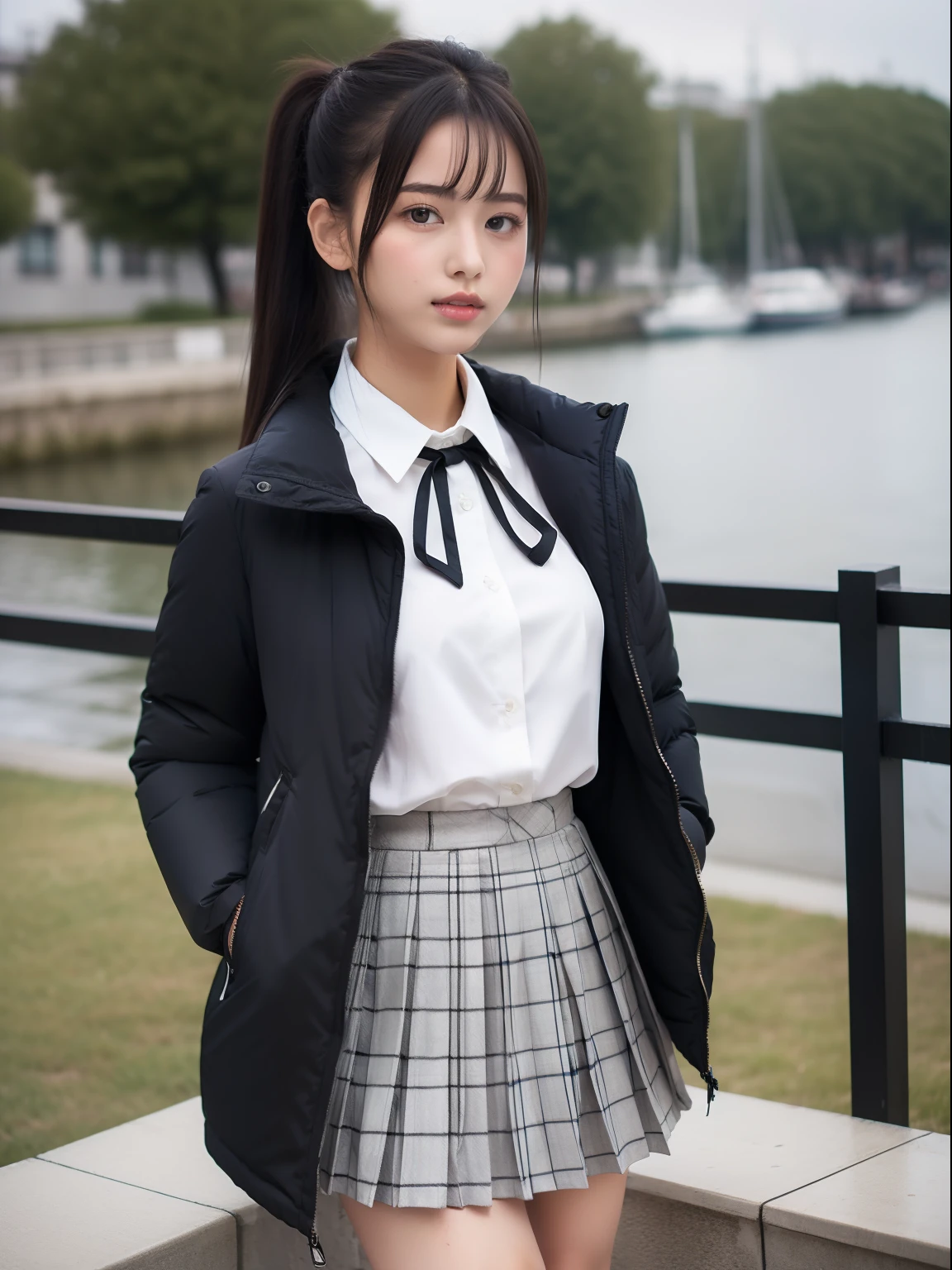Incomparable masterpiece, perfect artwork, ((pretty Japanese girl)), young, : 14,(natural beauty)), long black hair with subtle waves:1.3, ((school uniform:1.2)), white blouse and plaid skirt, ((smiling face:1.1)), innocent and carefree expression, best quality, ultra high resolution, realistic, solo, soft lighting, natural makeup, (cuteness:1.5).