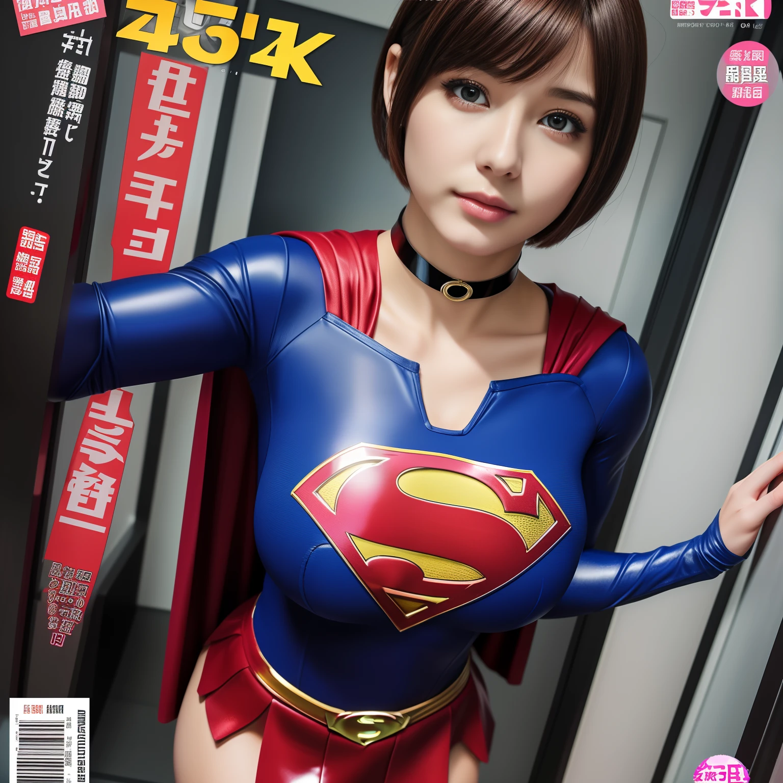 (Best Quality,4K,8K,hight resolution,masutepiece:1.2),Ultra-detailed,Realistic:1.37,Super masterpiece,Short-haired Supergirl、large full breasts、Looking at the camera、Glossy costume、a choker、Too short miniskirt、Magazine covers、Weekly Magazine