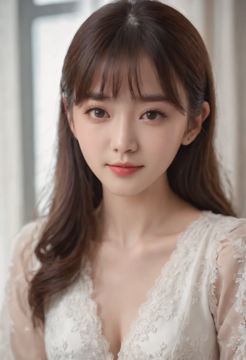 top-quality, Photorealsitic, masterpiece, 8K, Hi-Res, 独奏, 1girl, (((infp young woman))),、full bodyesbian、(small tits), ((Look at viewers)), (look at a camera), ((Various hairstyles close to long))、Perfect straight black hair、((With bangs))、 (profetional lighting), Highly detailed bright face、Gentle Japan girl、lovely smile、Small cleavage、White dress(long-sleeve)、Standing in the room